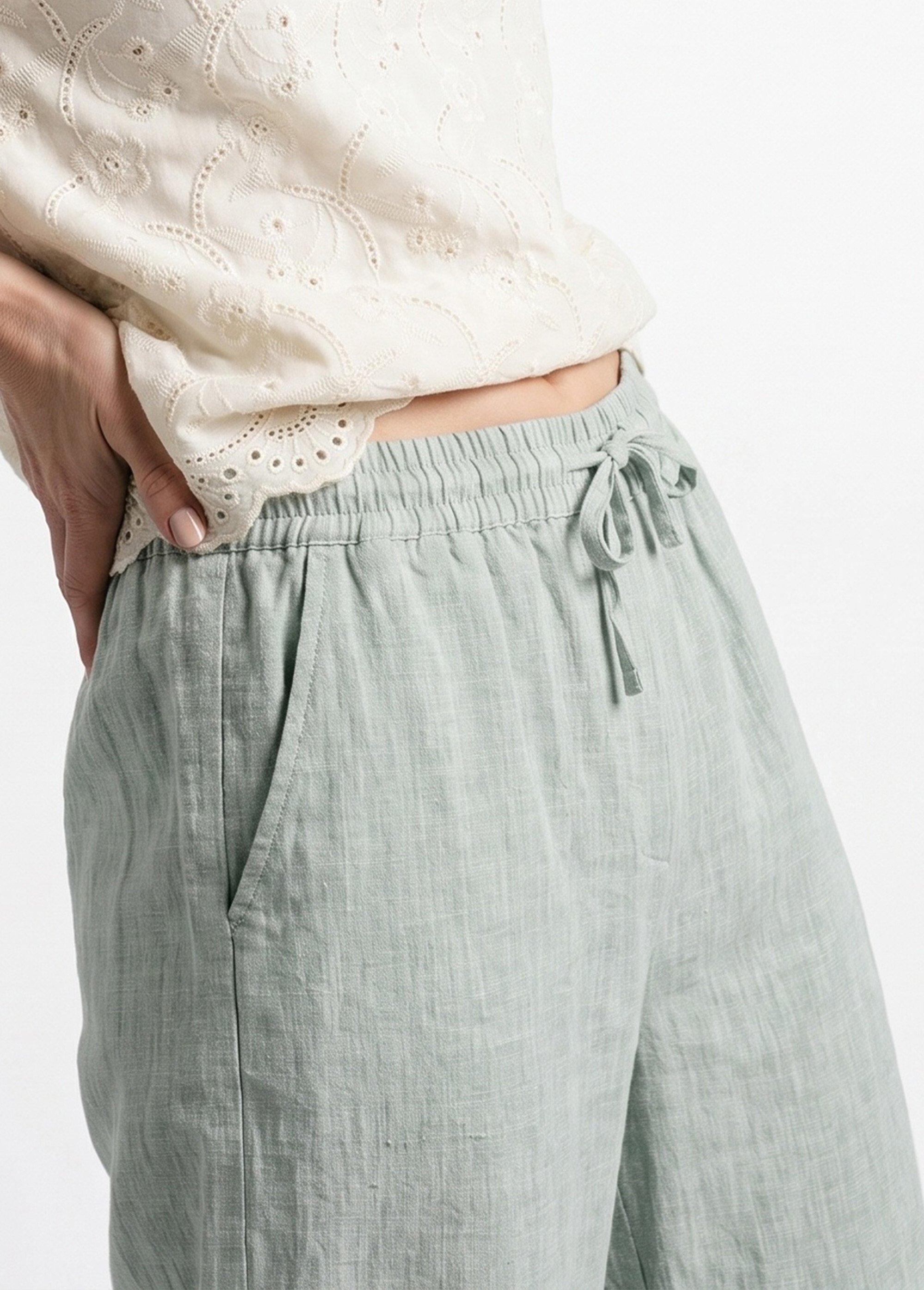 Pantalon large chiné élastiqué avec lin Femme Vert JB-A7161 DE1