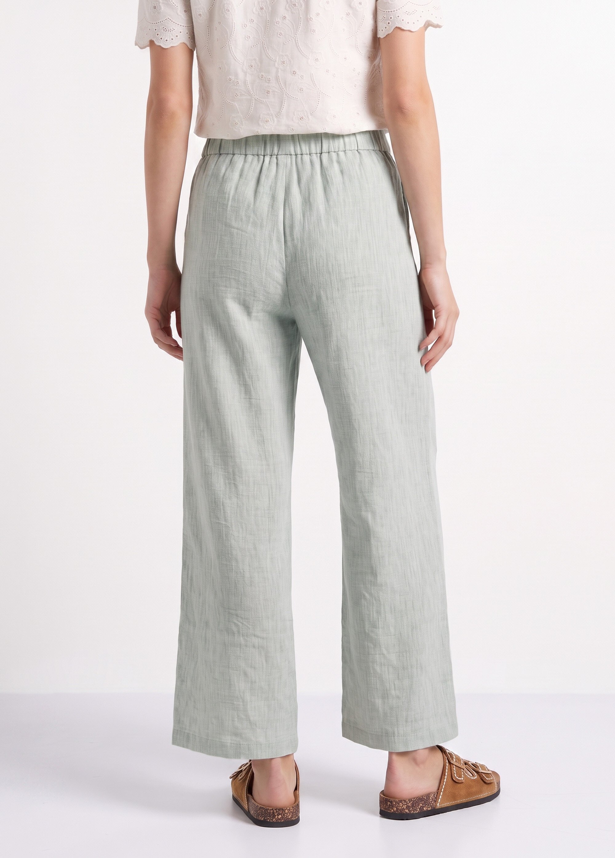 Pantalon large chiné élastiqué avec lin Femme Vert JB-A7161 DO1