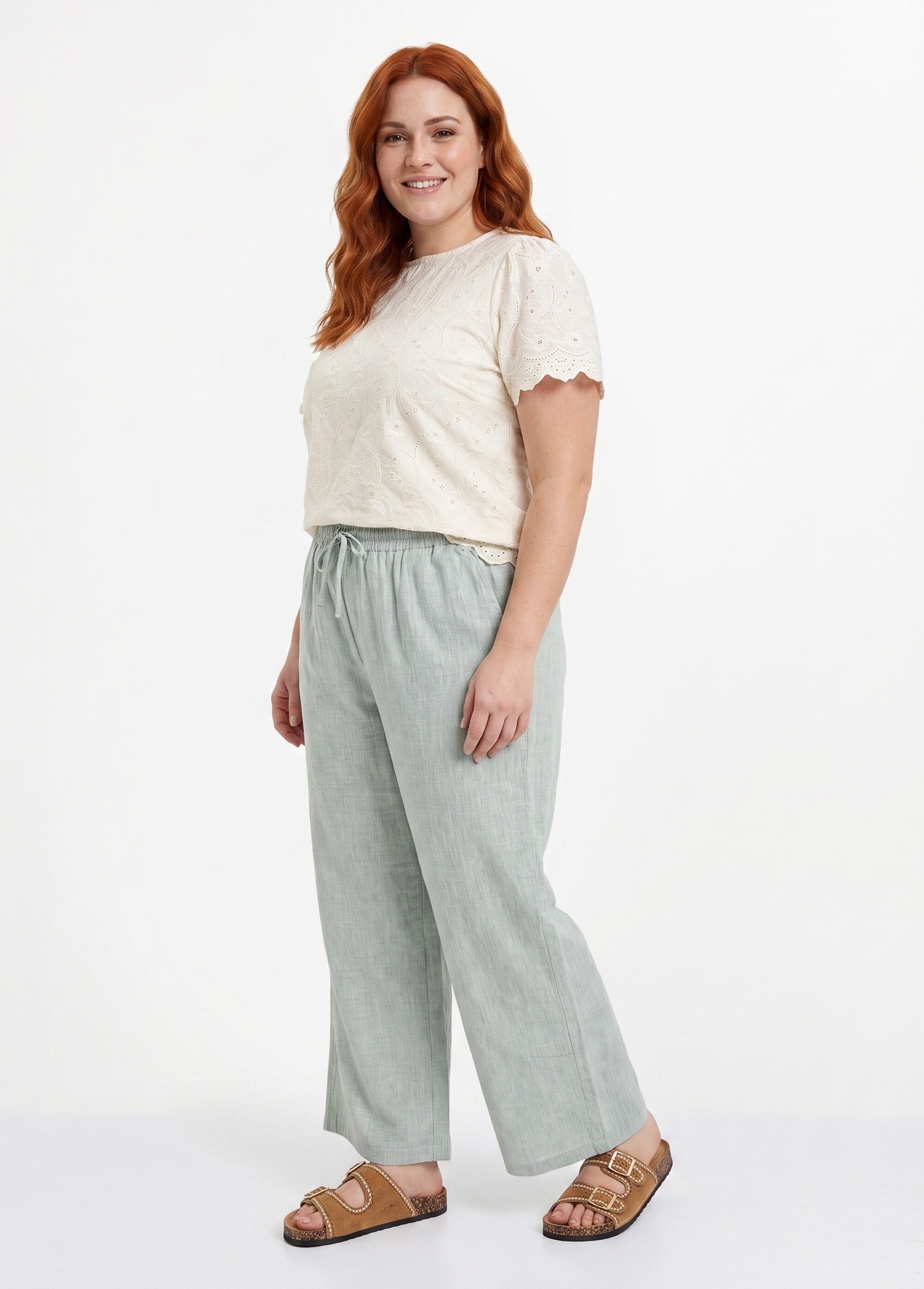 Pantalon large chiné élastiqué avec lin Femme Grande Taille Vert JB-A7161 DR1
