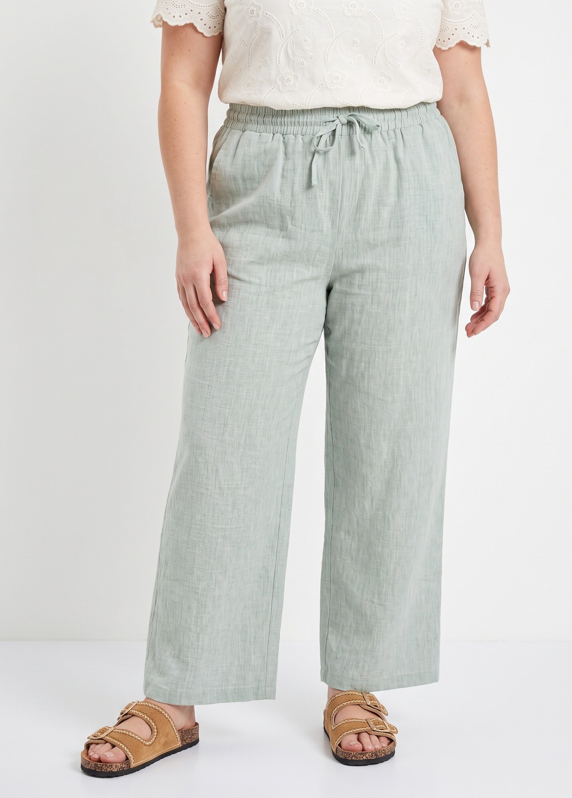 Pantalon large chiné élastiqué avec lin Femme Grande Taille Vert JB-A7161 FA1