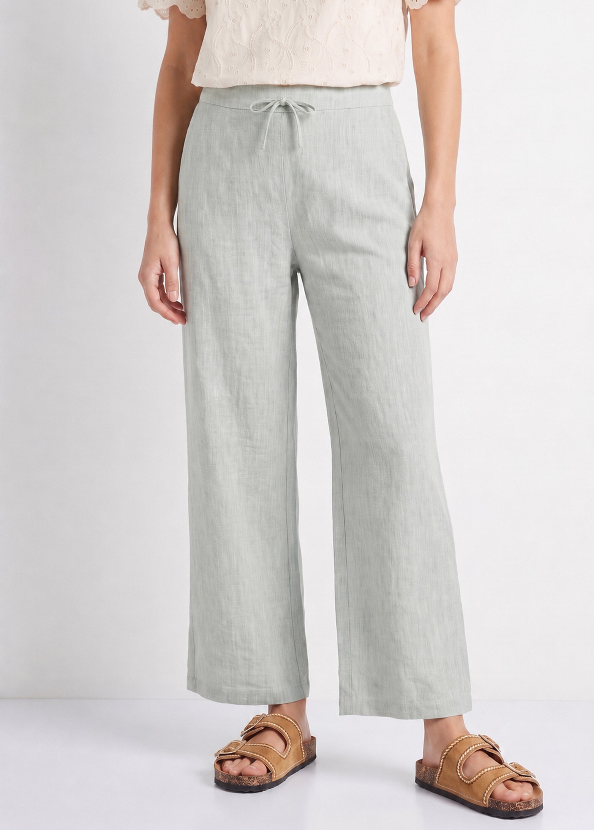 Pantalon large chiné élastiqué avec lin Femme Vert JB-A7161 FA1