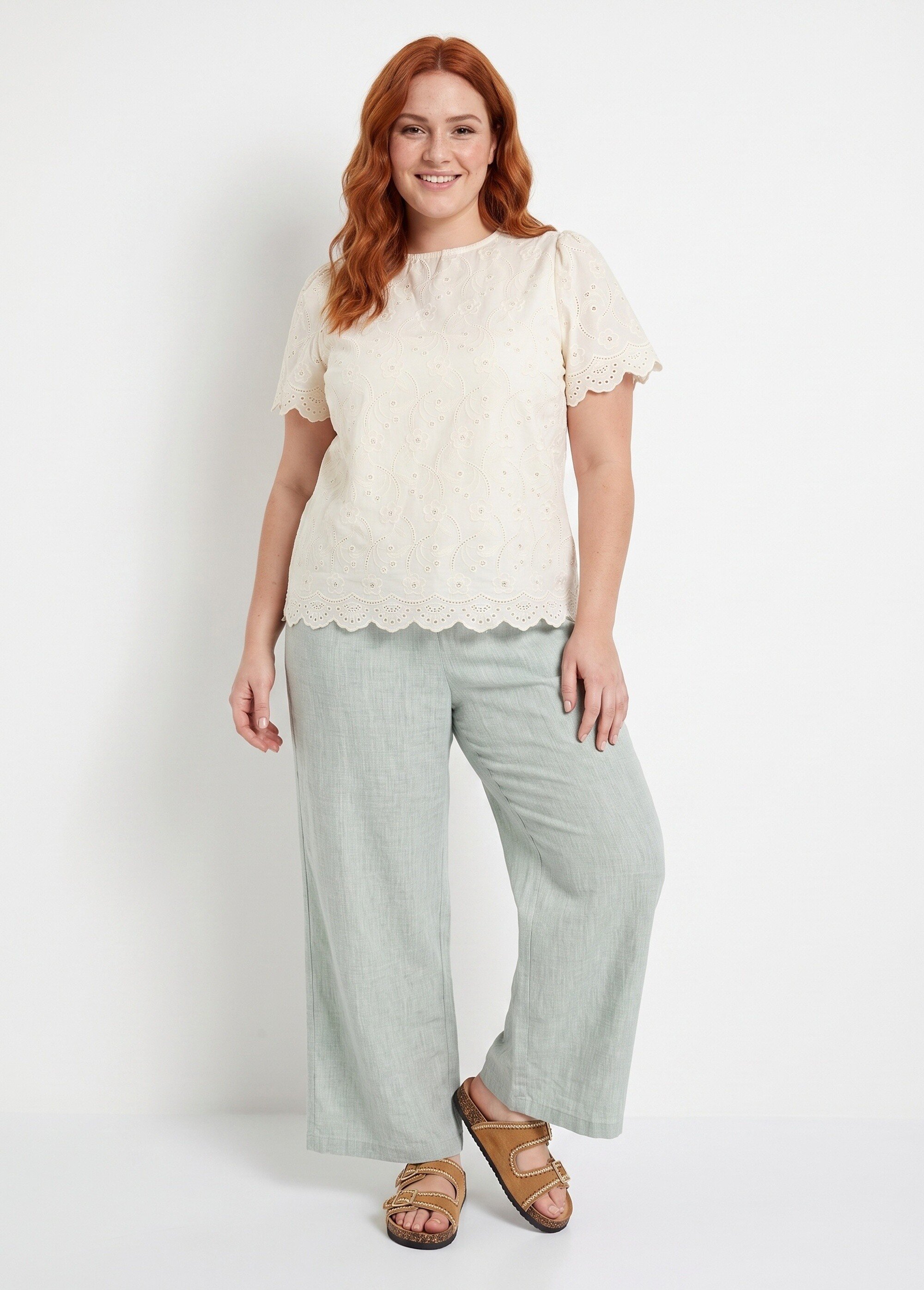 Pantalon large chiné élastiqué avec lin Femme Grande Taille Vert JB-A7161 MV1