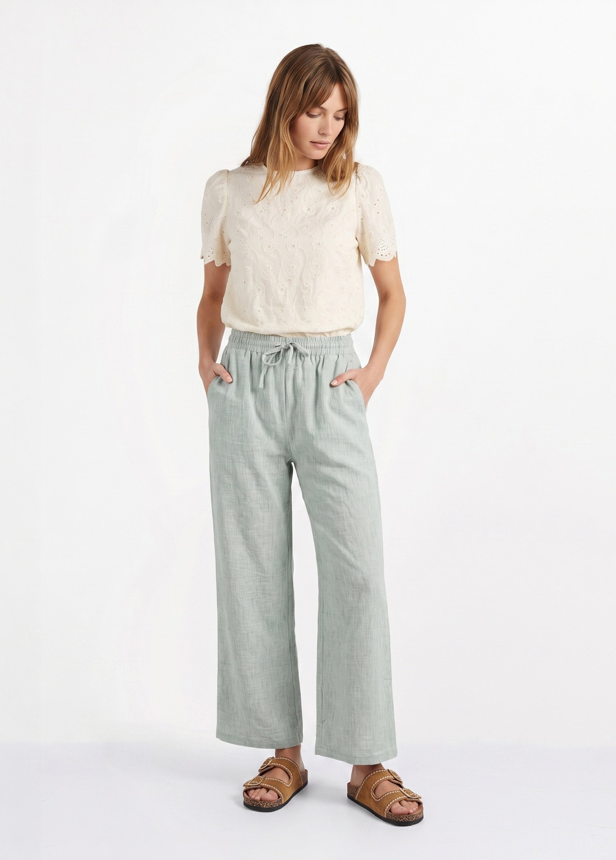 Pantalon large chiné élastiqué avec lin Femme Vert JB-A7161 SF1