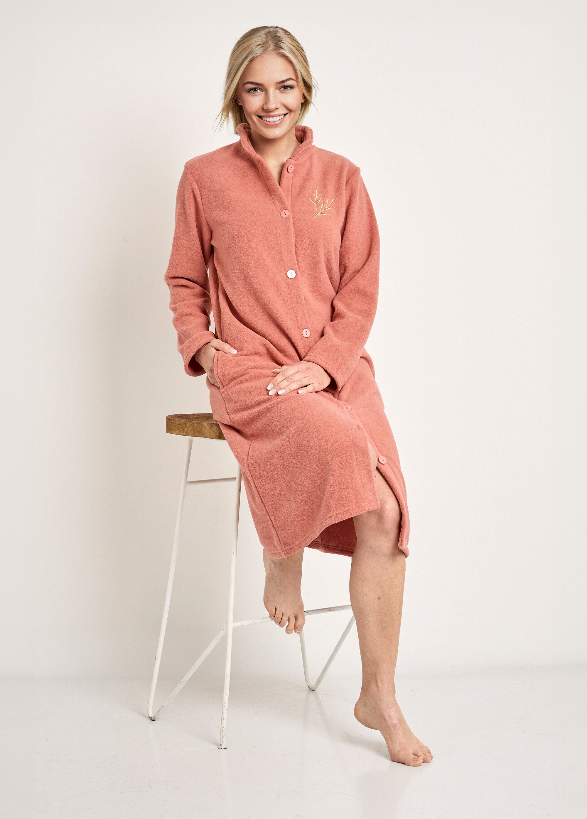 Peignoir polaire boutonné col montant longueur 115 cm