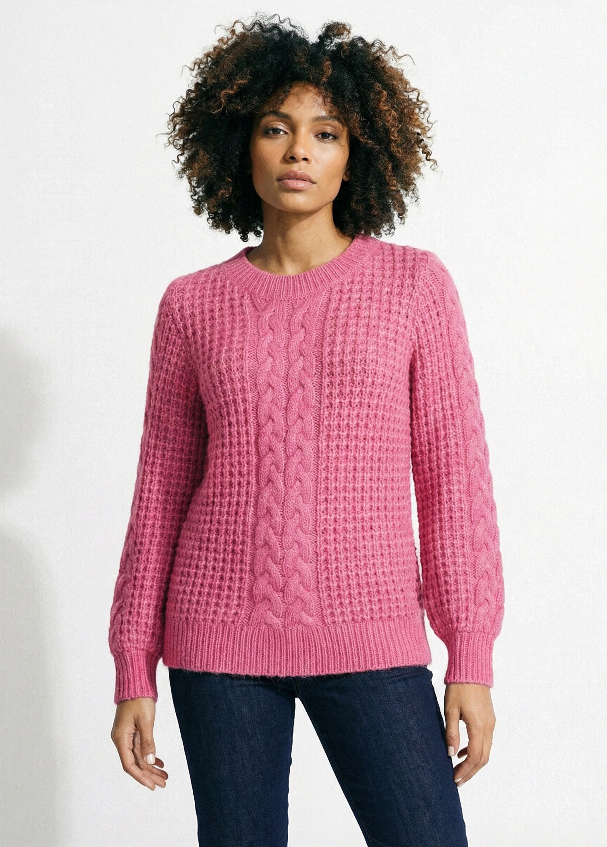 Pull chaud col rond maille moelleuse fantaisie Femme Rose PAUDY FA1