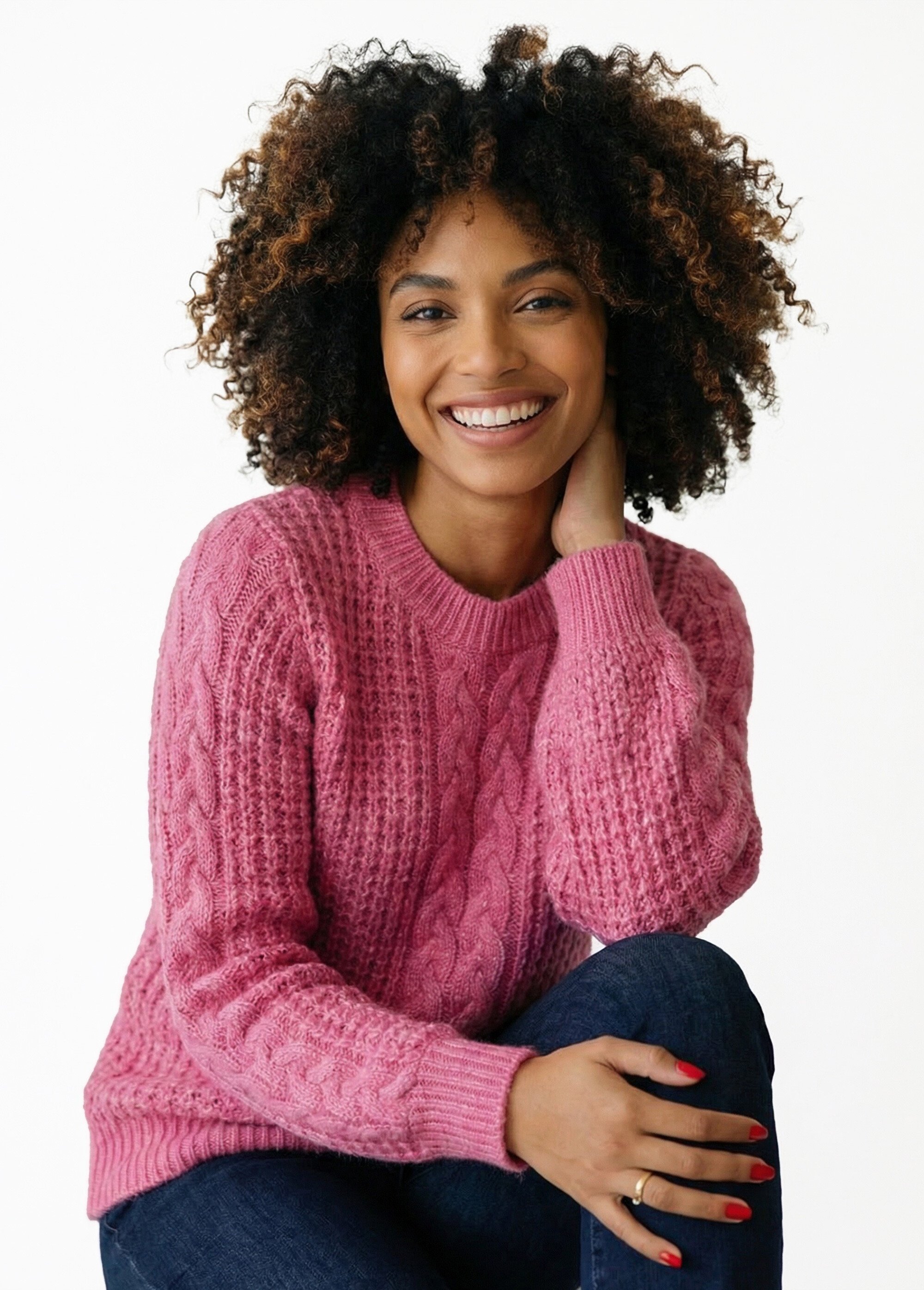 Pull chaud col rond maille moelleuse fantaisie Femme Rose PAUDY MV1