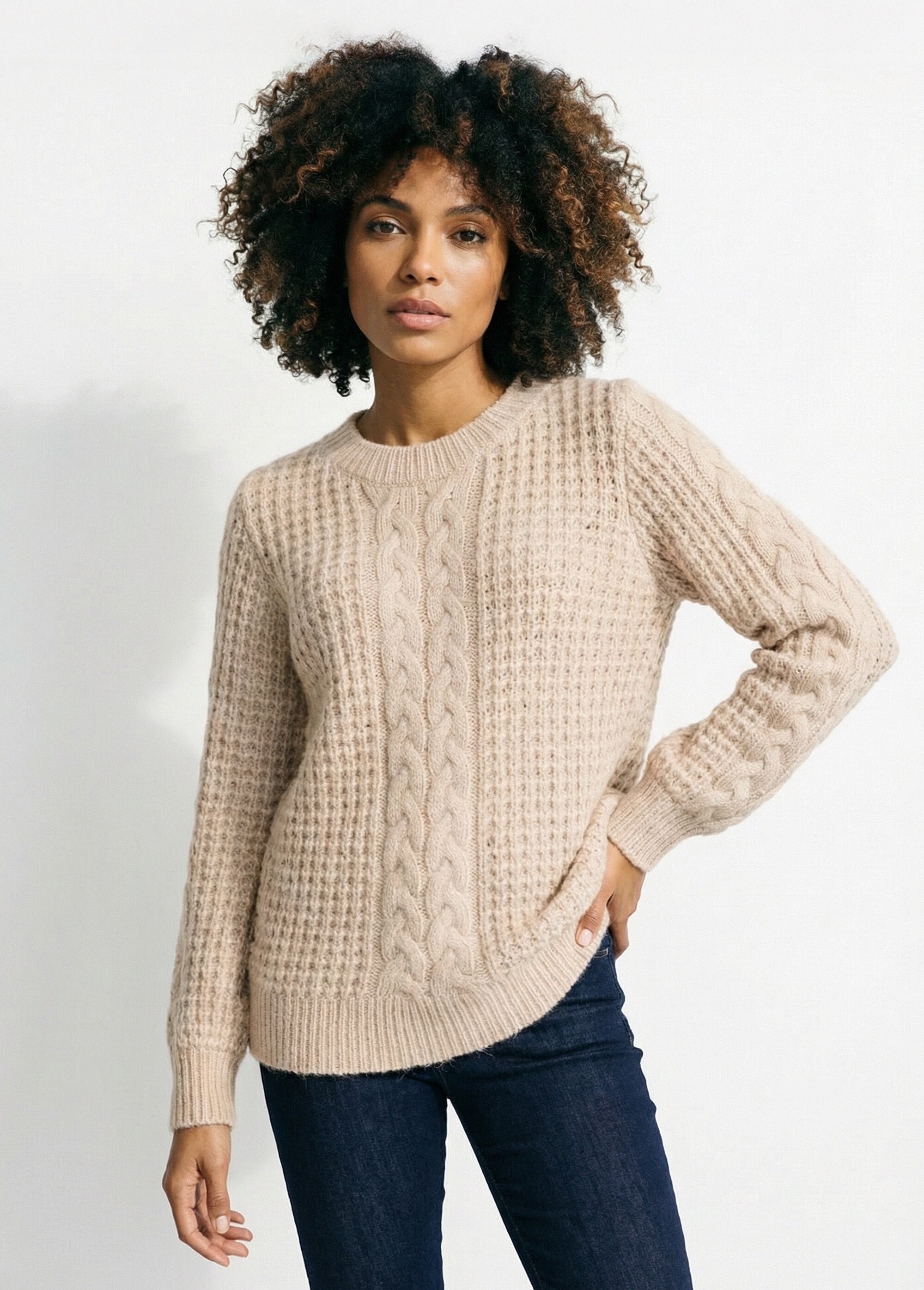 Pull chaud col rond maille moelleuse fantaisie Femme Beige PAUDY FA1