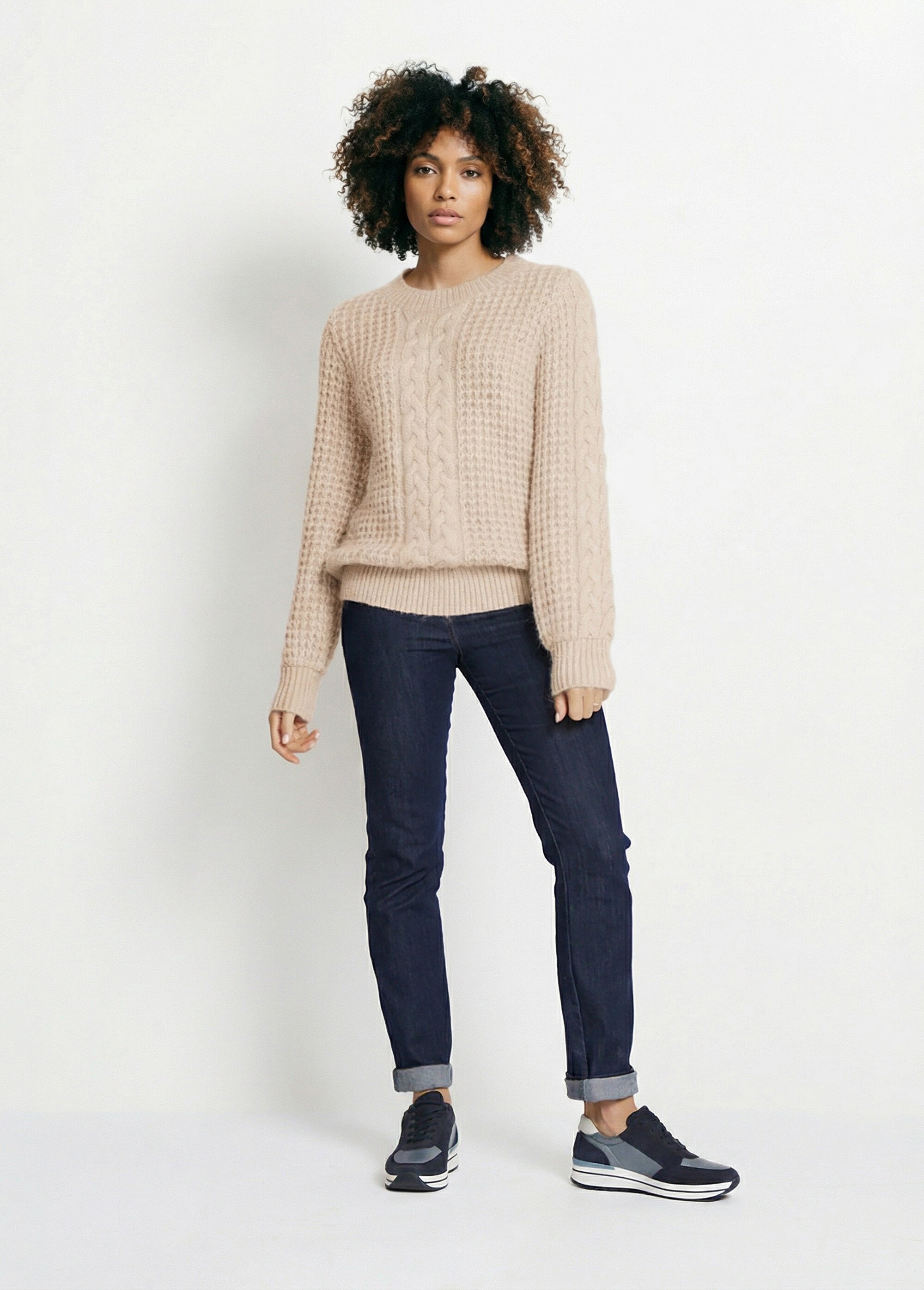 Pull chaud col rond maille moelleuse fantaisie Femme Beige PAUDY SI1