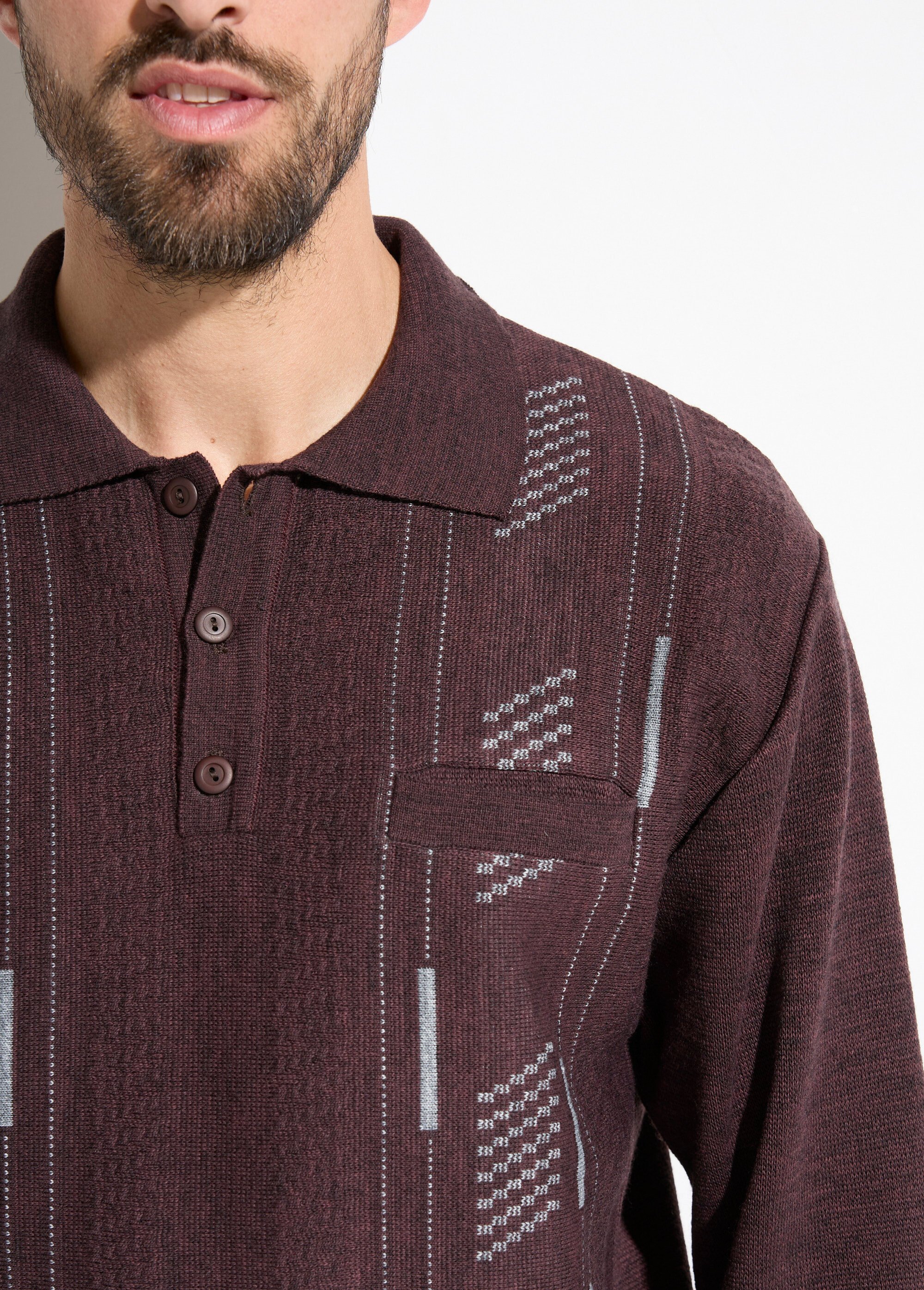Pull col polo boutonné jacquard manches longues laine Homme Rouge FRERE DE1