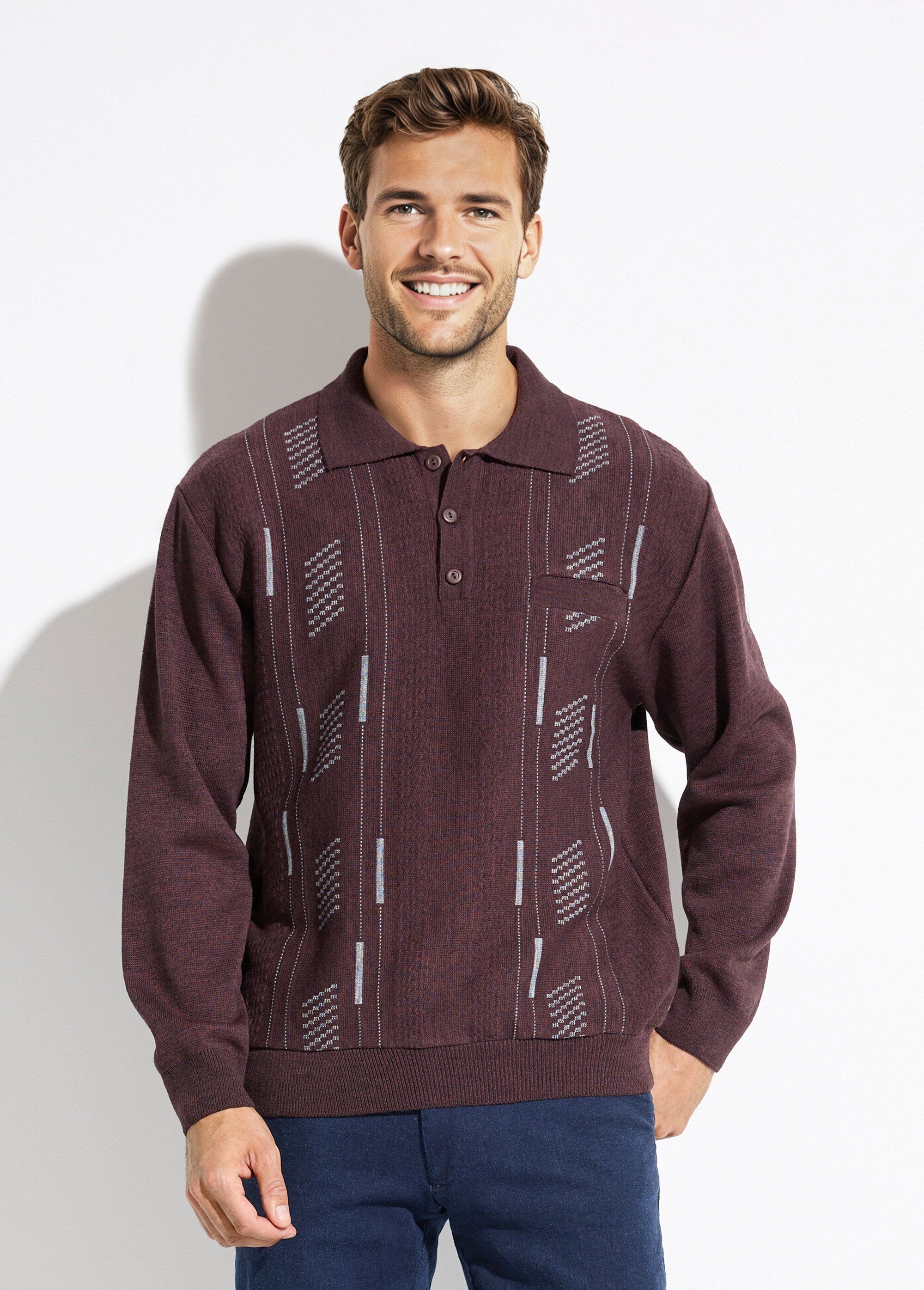 Pull col polo boutonné jacquard manches longues laine Homme Rouge FRERE FA1