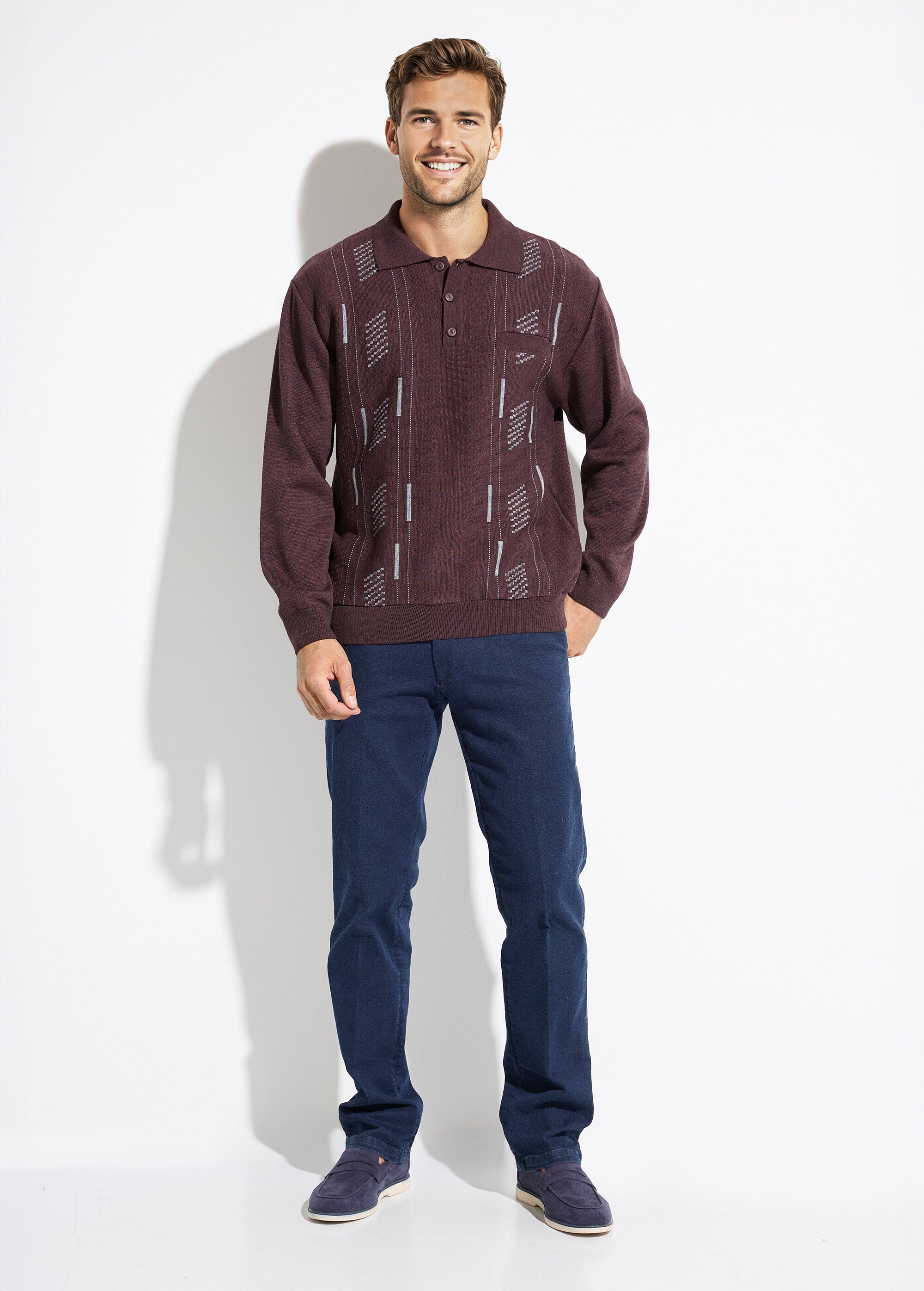 Pull col polo boutonné jacquard manches longues laine Homme Rouge FRERE SF1