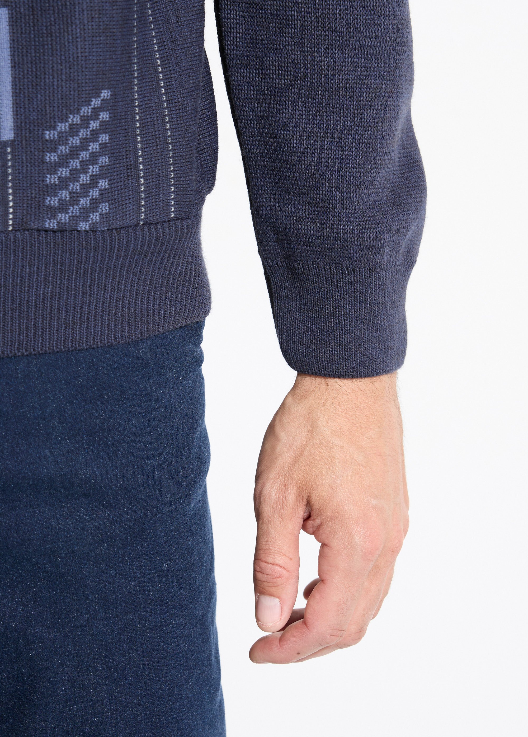 Pull col polo boutonné jacquard manches longues laine Homme Bleu FRERE DE2