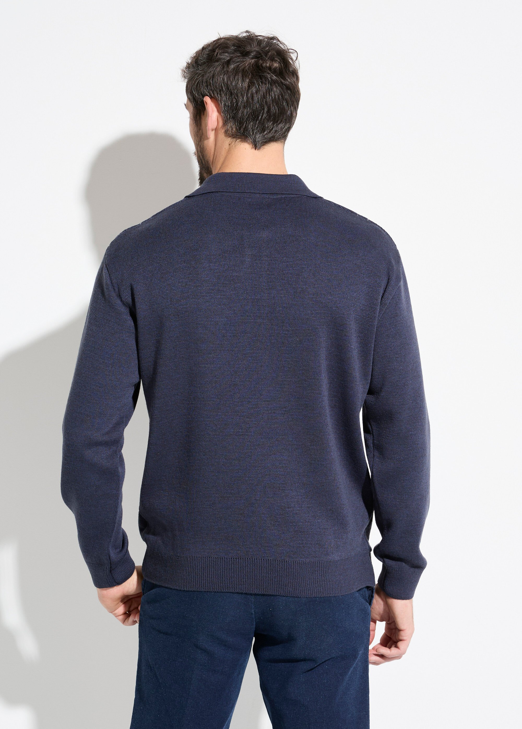 Pull col polo boutonné jacquard manches longues laine Homme Bleu FRERE DO1