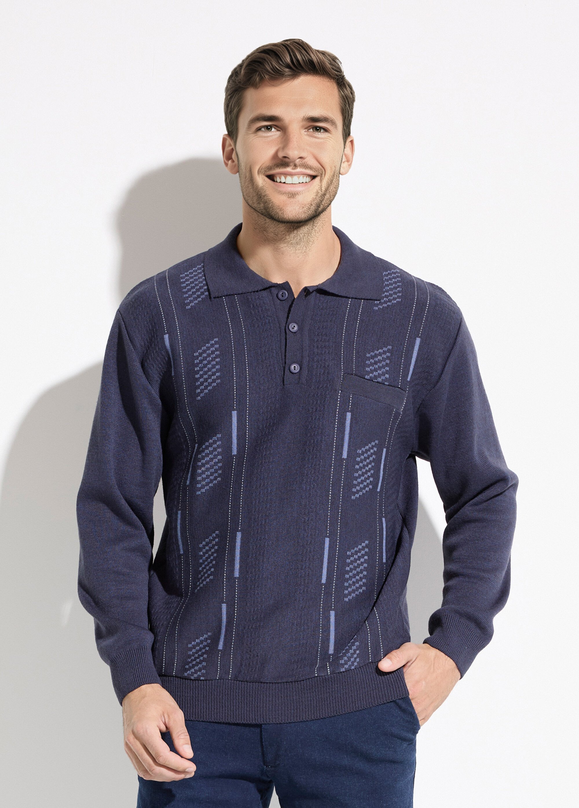 Pull col polo boutonné jacquard manches longues laine Homme Bleu FRERE FA1