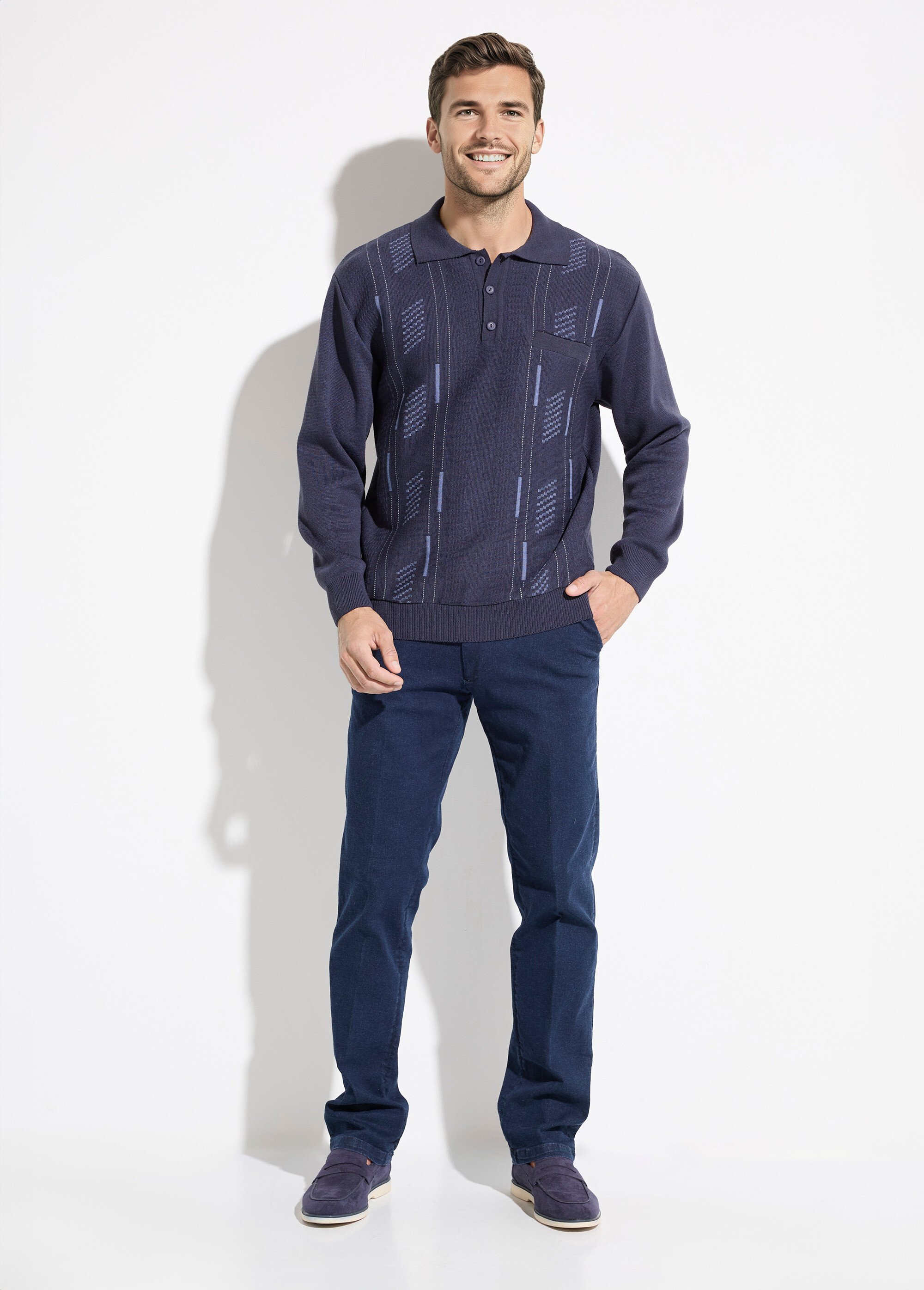 Pull col polo boutonné jacquard manches longues laine Homme Bleu FRERE SF1