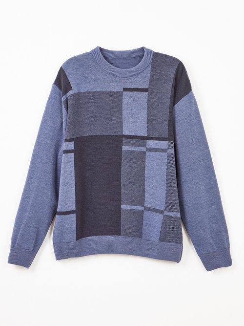 Pull col rond jacquard manches longues laine Homme Bleu FACE AP1