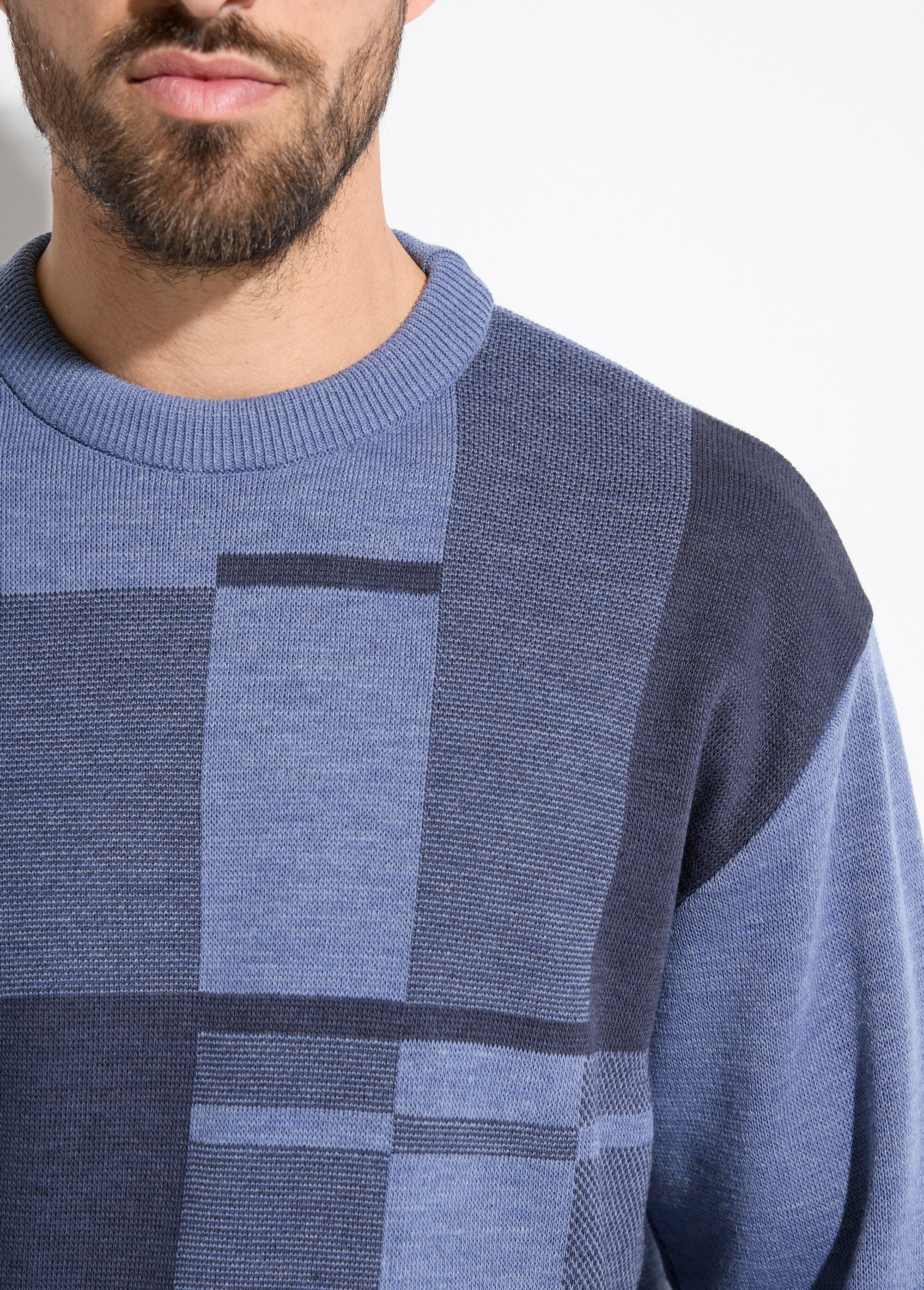 Pull col rond jacquard manches longues laine Homme Bleu FACE DE1