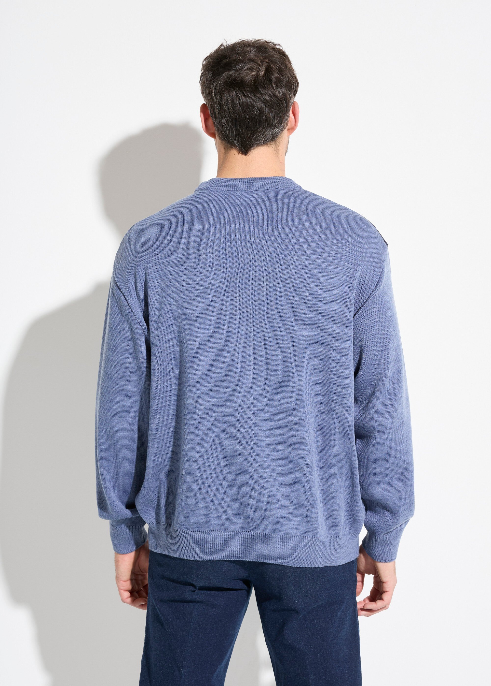 Pull col rond jacquard manches longues laine Homme Bleu FACE DO1