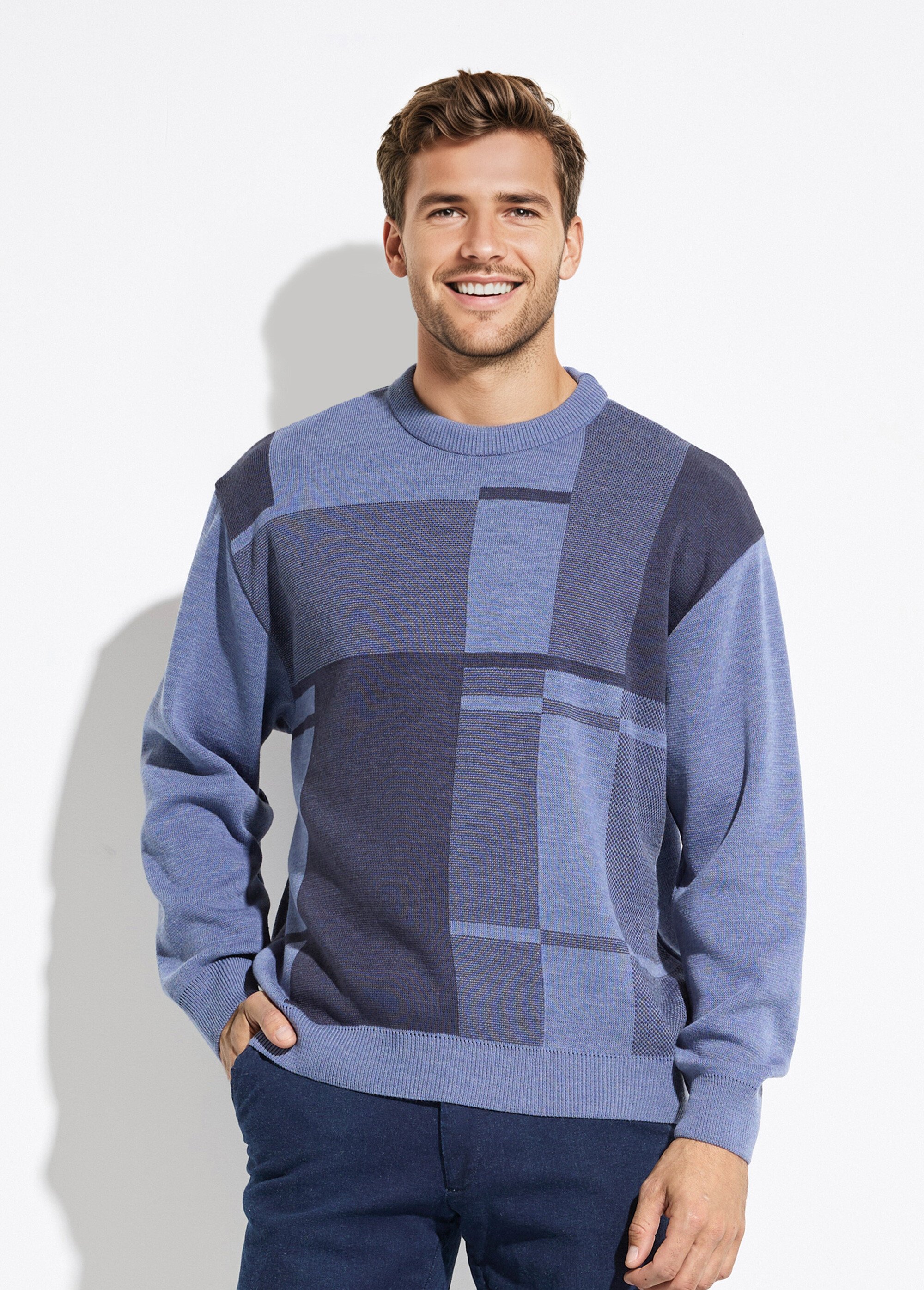 Pull col rond jacquard manches longues laine Homme Bleu FACE FA1