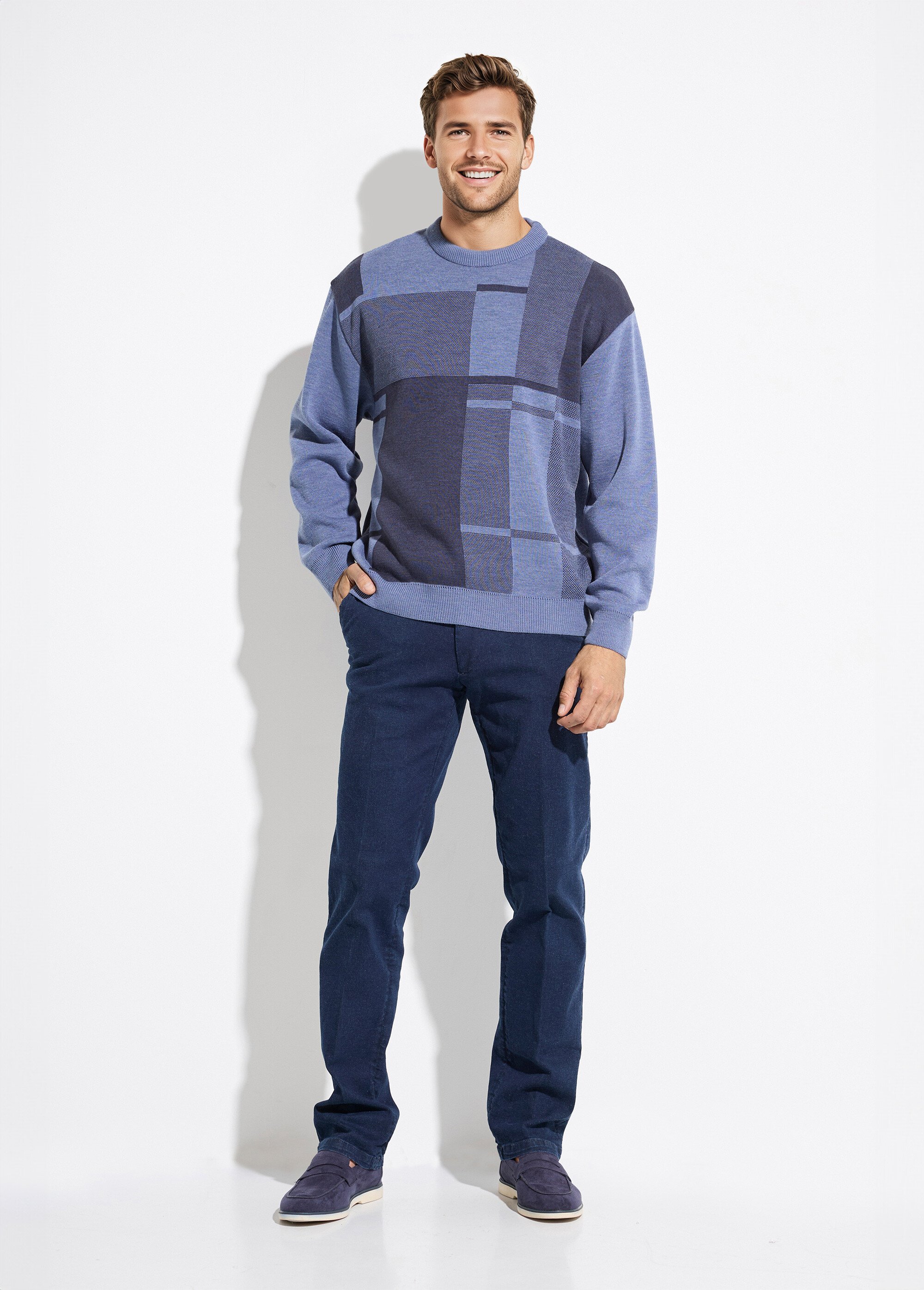 Pull col rond jacquard manches longues laine Homme Bleu FACE SF1