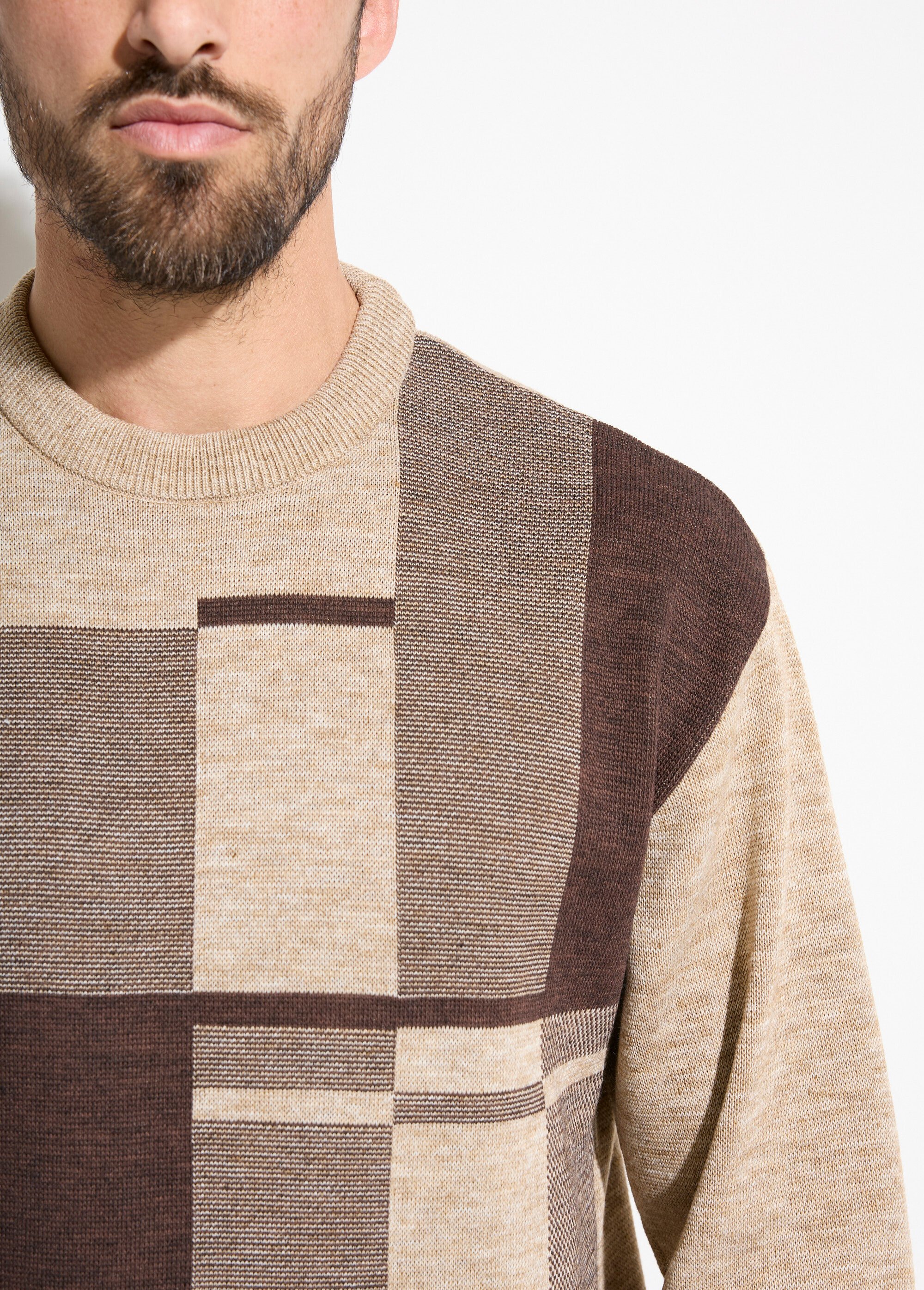 Pull col rond jacquard manches longues laine Homme Beige FACE DE1