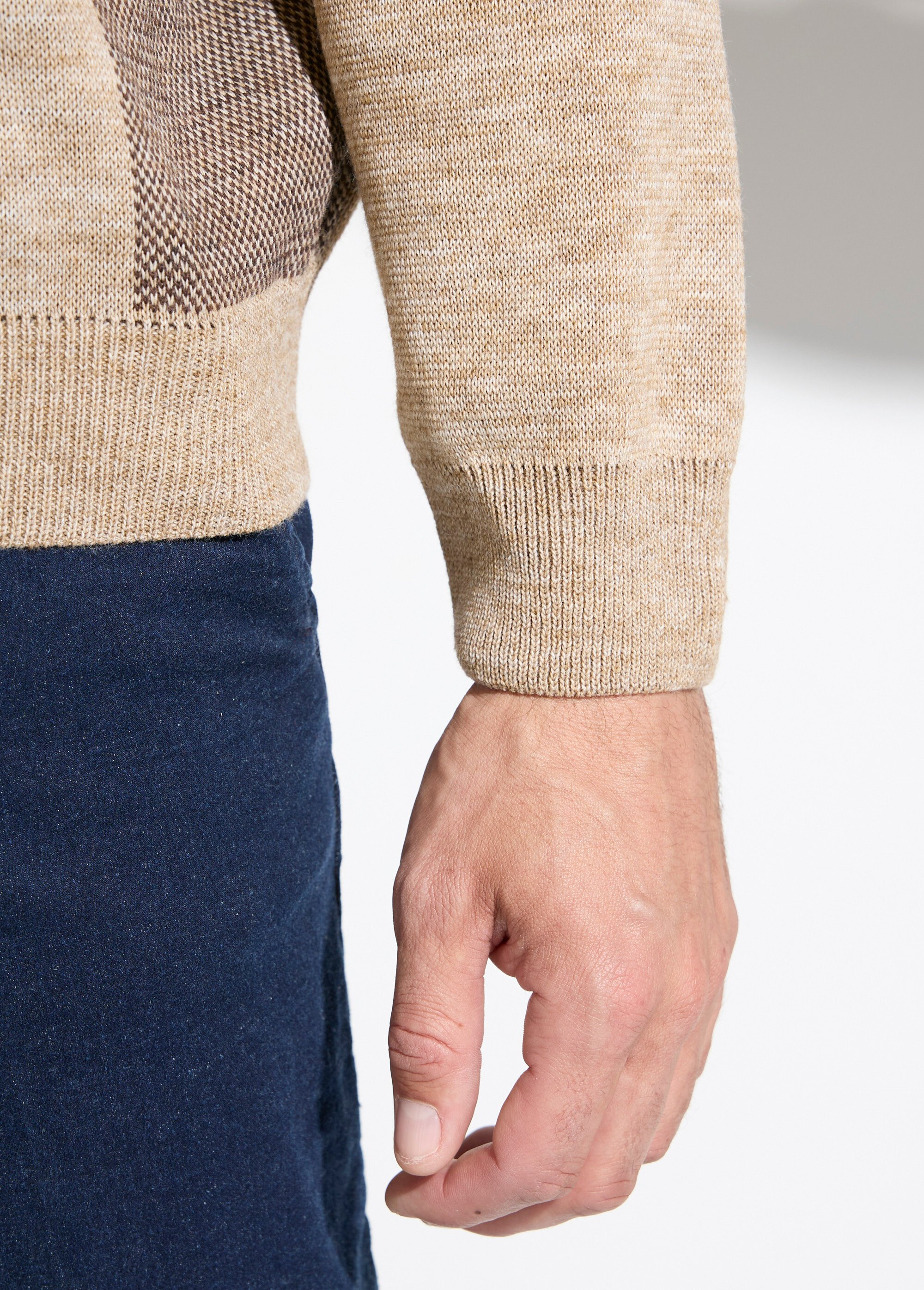 Pull col rond jacquard manches longues laine Homme Beige FACE DE2