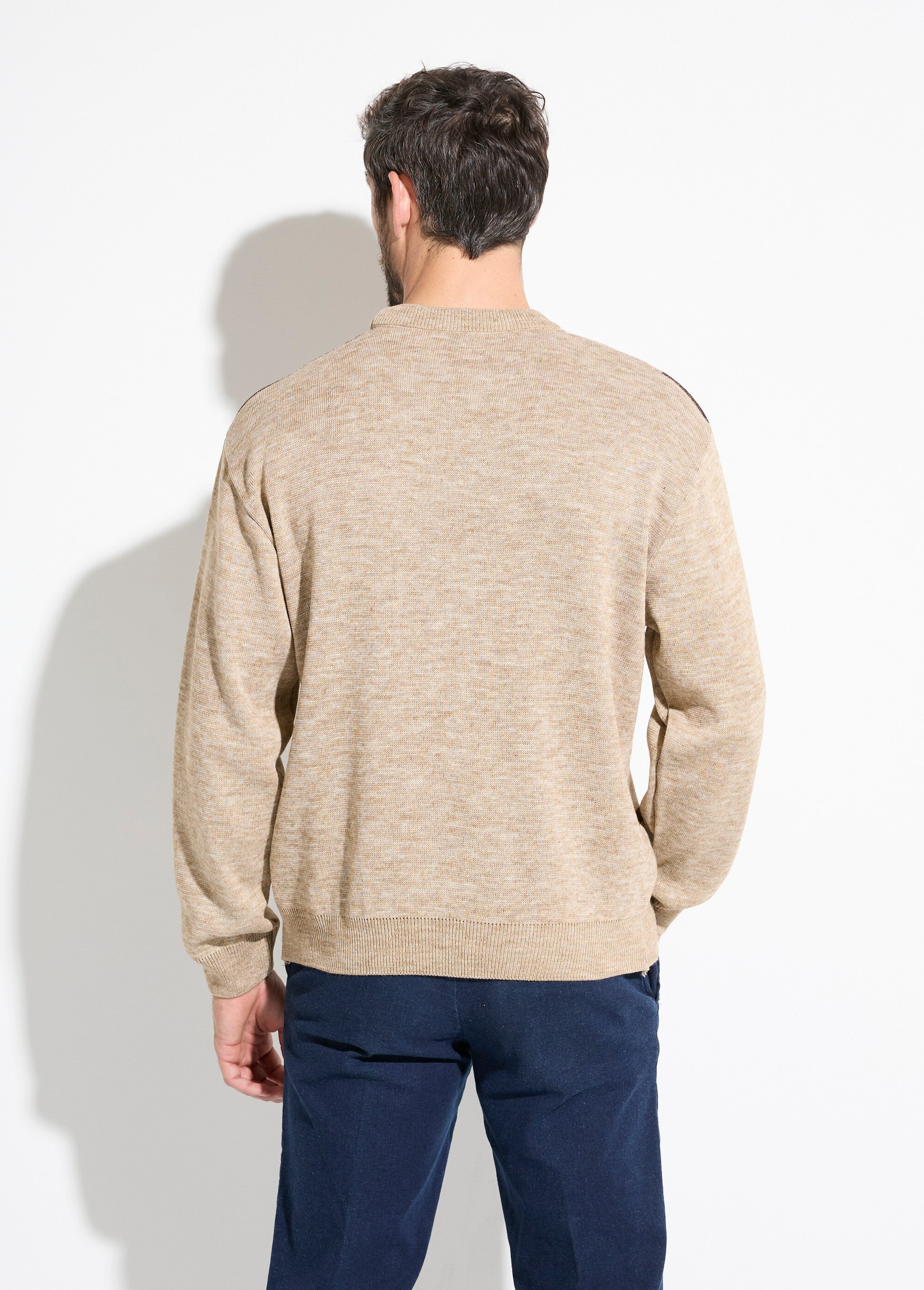 Pull col rond jacquard manches longues laine Homme Beige FACE DO1
