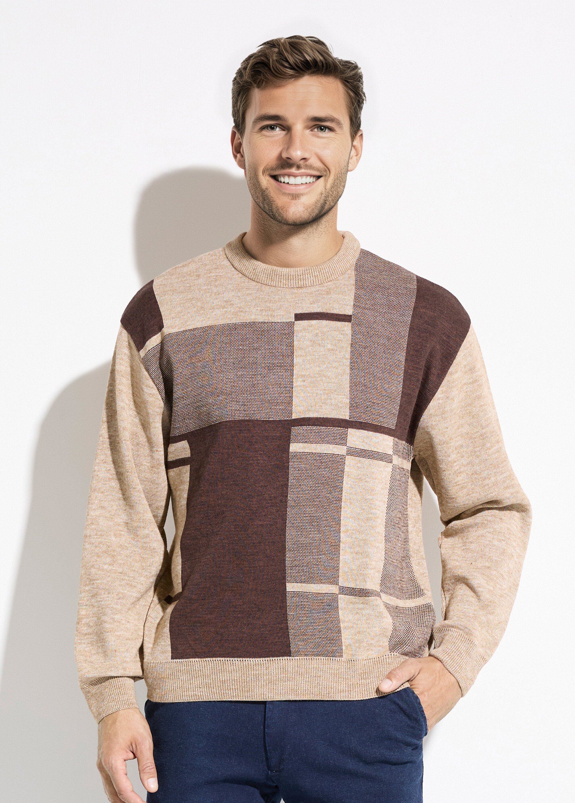 Pull col rond jacquard manches longues laine Homme Beige FACE FA1