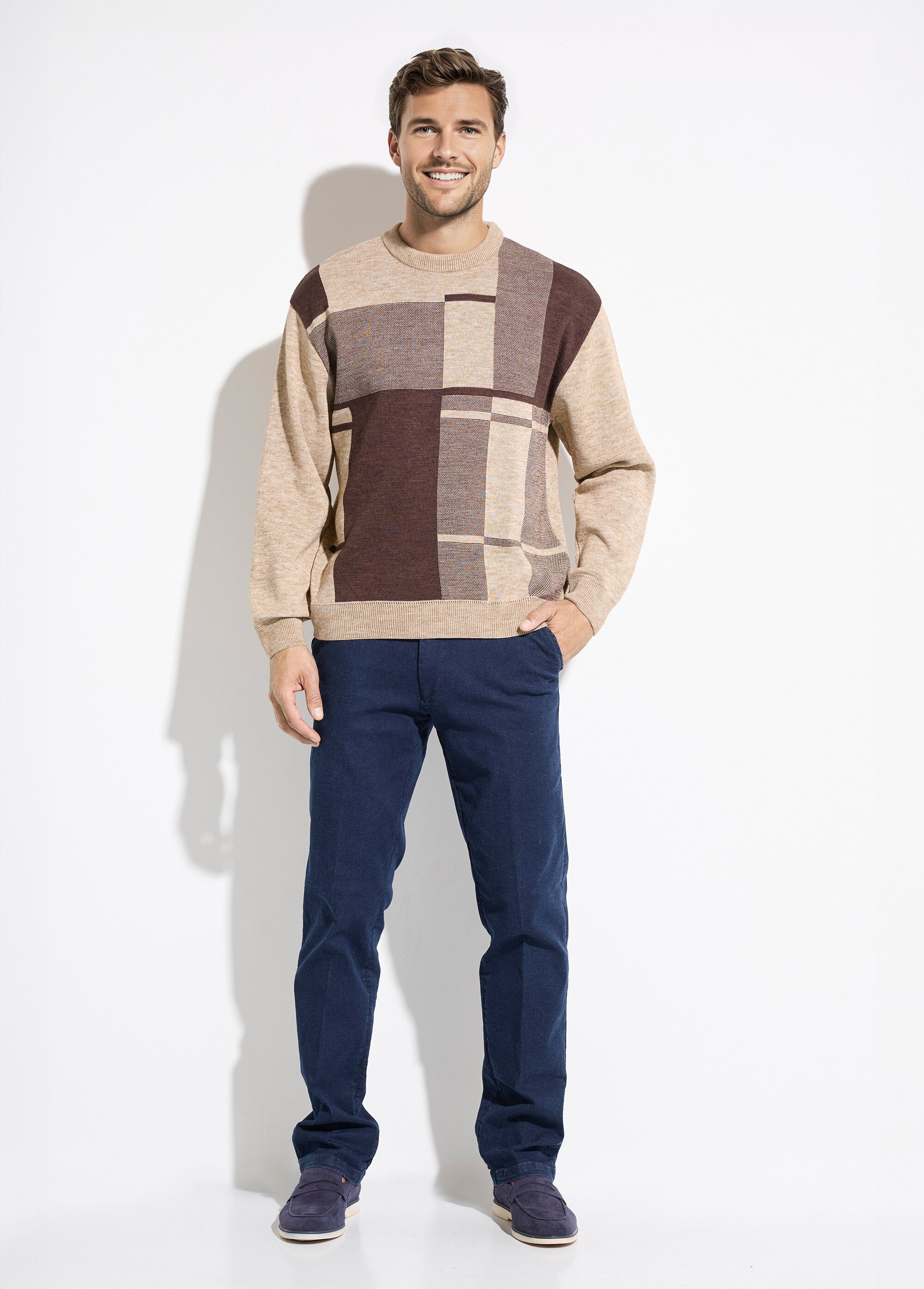 Pull col rond jacquard manches longues laine Homme Beige FACE SF1