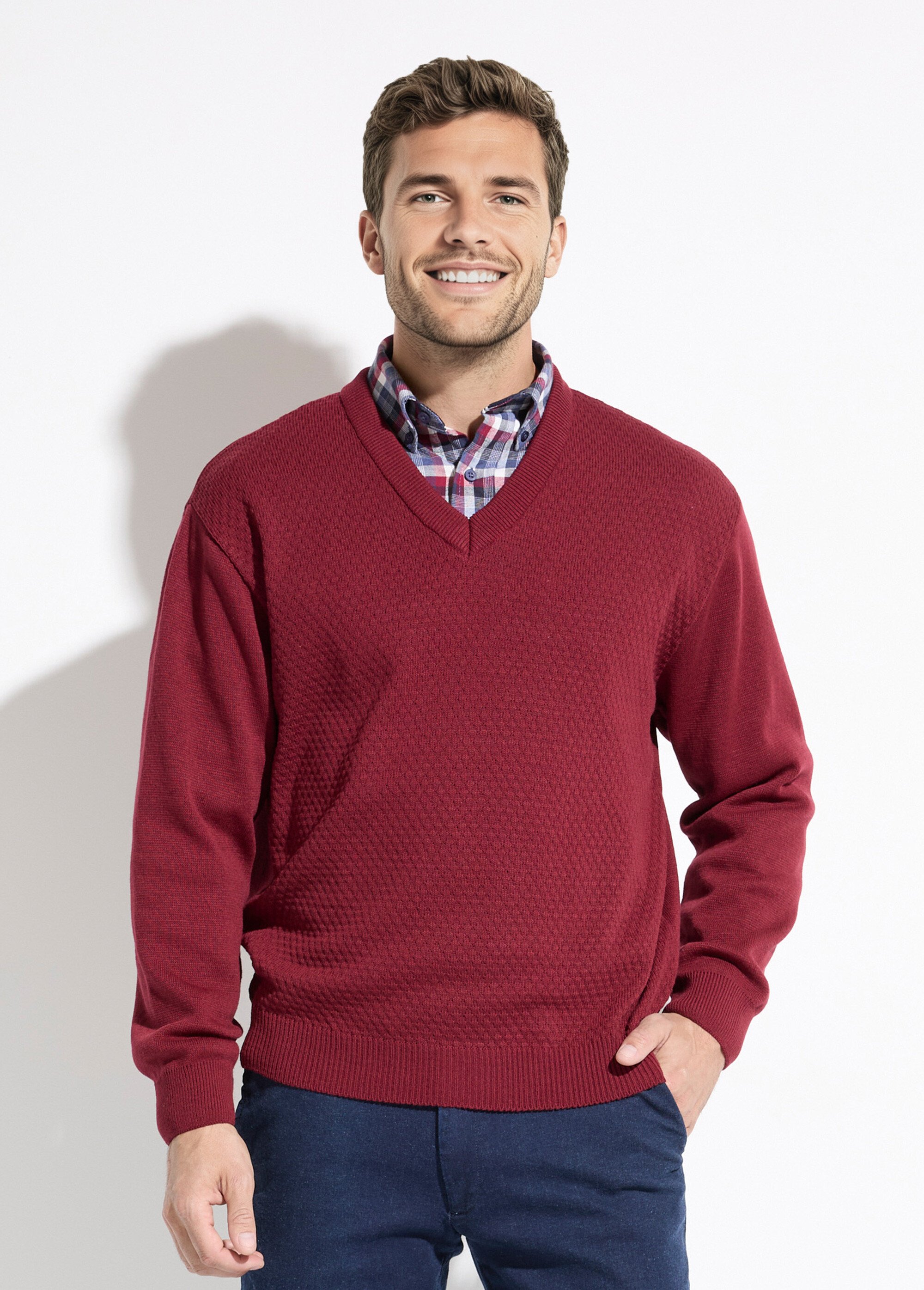 Pull maille fantaisie laine col V manches longues Homme Rouge FIGE FA1