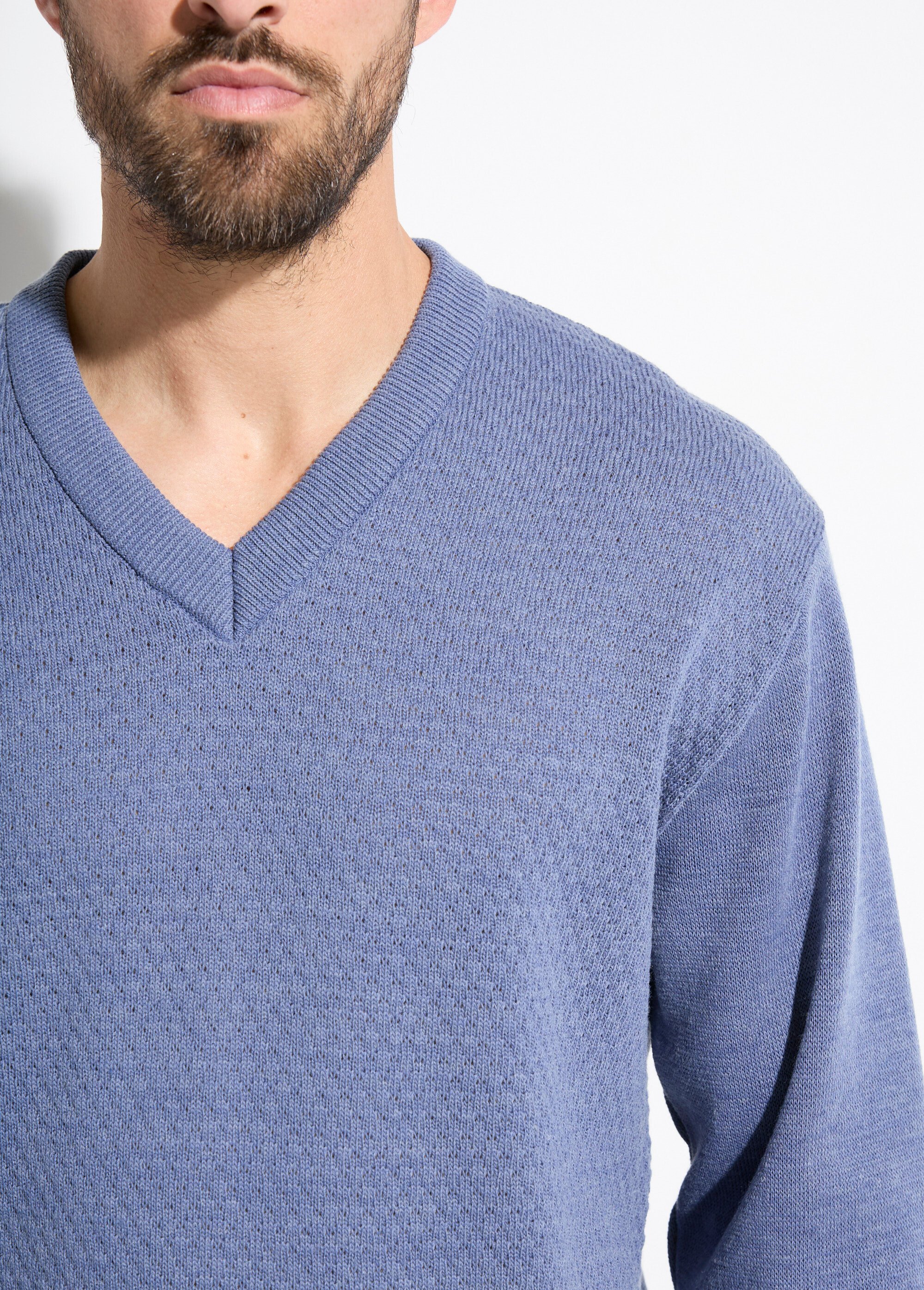 Pull maille fantaisie laine col V manches longues Homme Bleu FIGE DE1