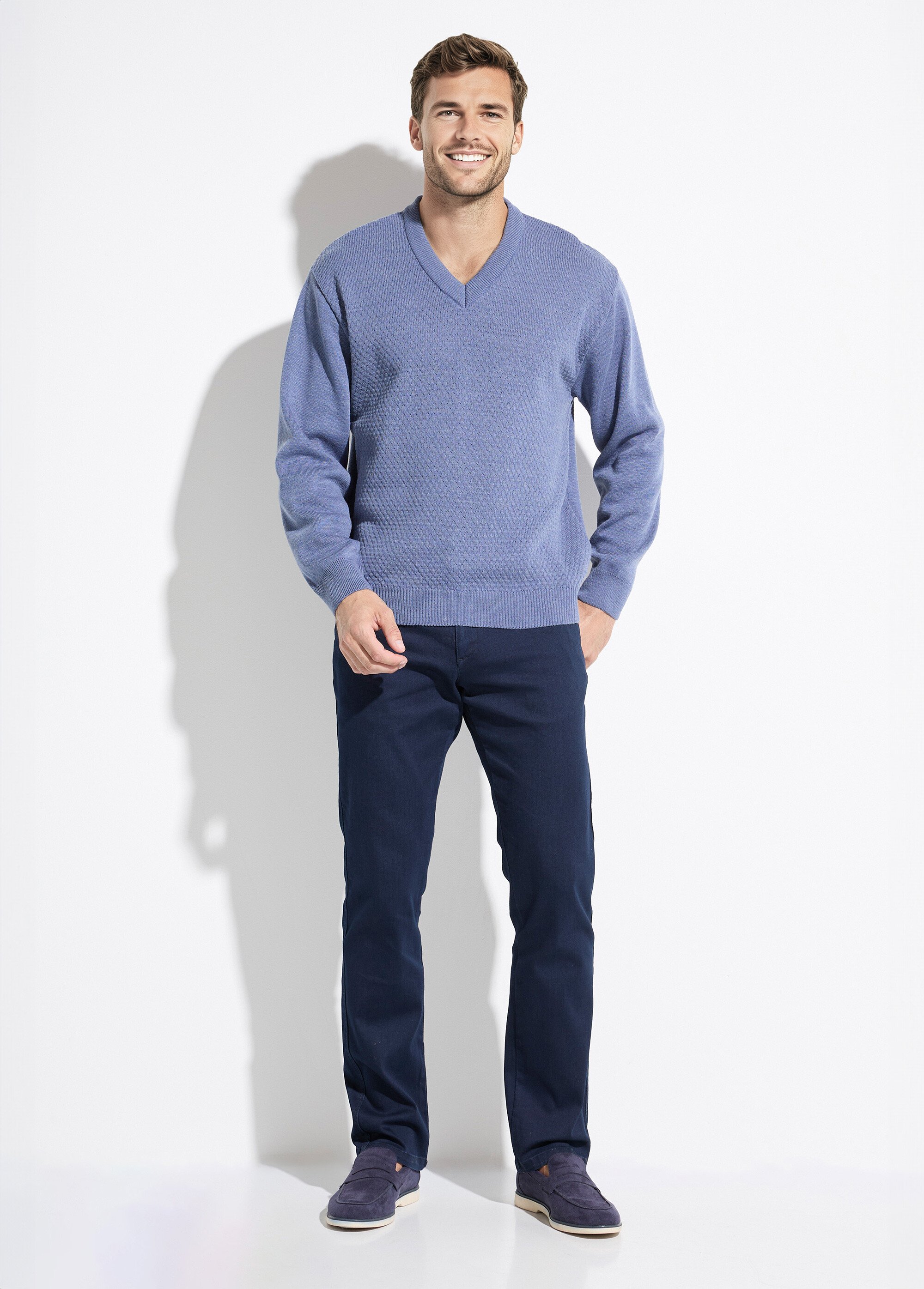 Pull maille fantaisie laine col V manches longues Homme Bleu FIGE SF1