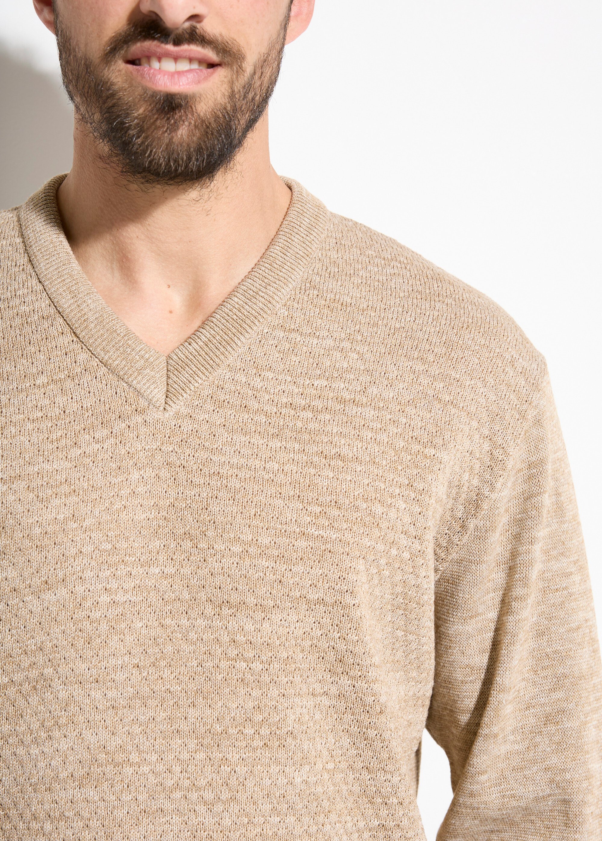 Pull maille fantaisie laine col V manches longues Homme Beige FIGE DE1