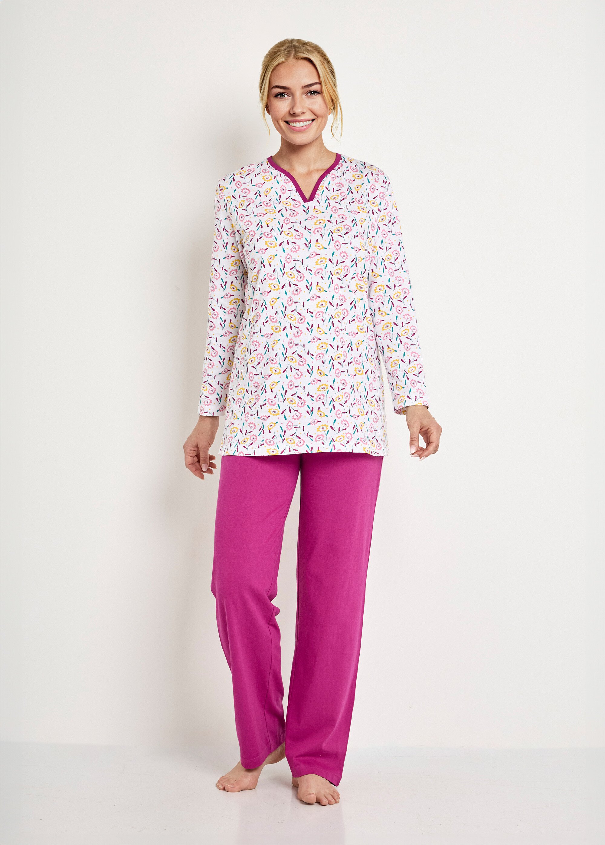Pyjama col V imprimé manches longues coton Femme IMPRIME PRUNE SECCOTINE FA1