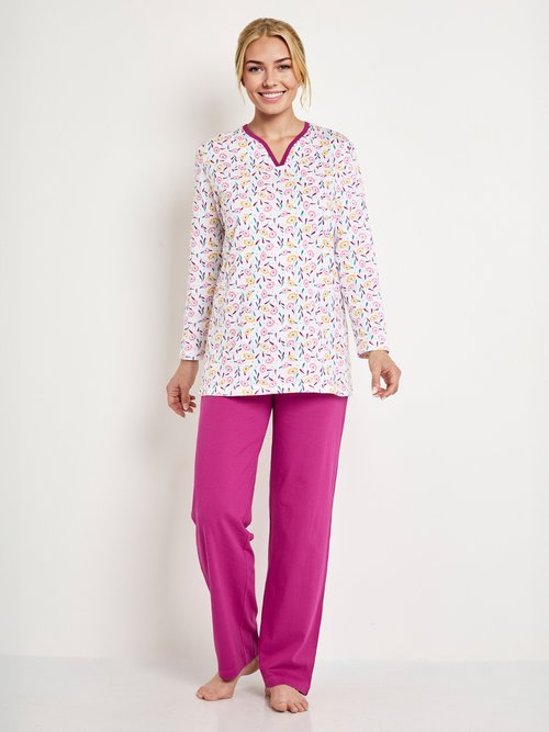 Pyjama col V imprimé manches longues coton Femme IMPRIME PRUNE SECCOTINE FA1