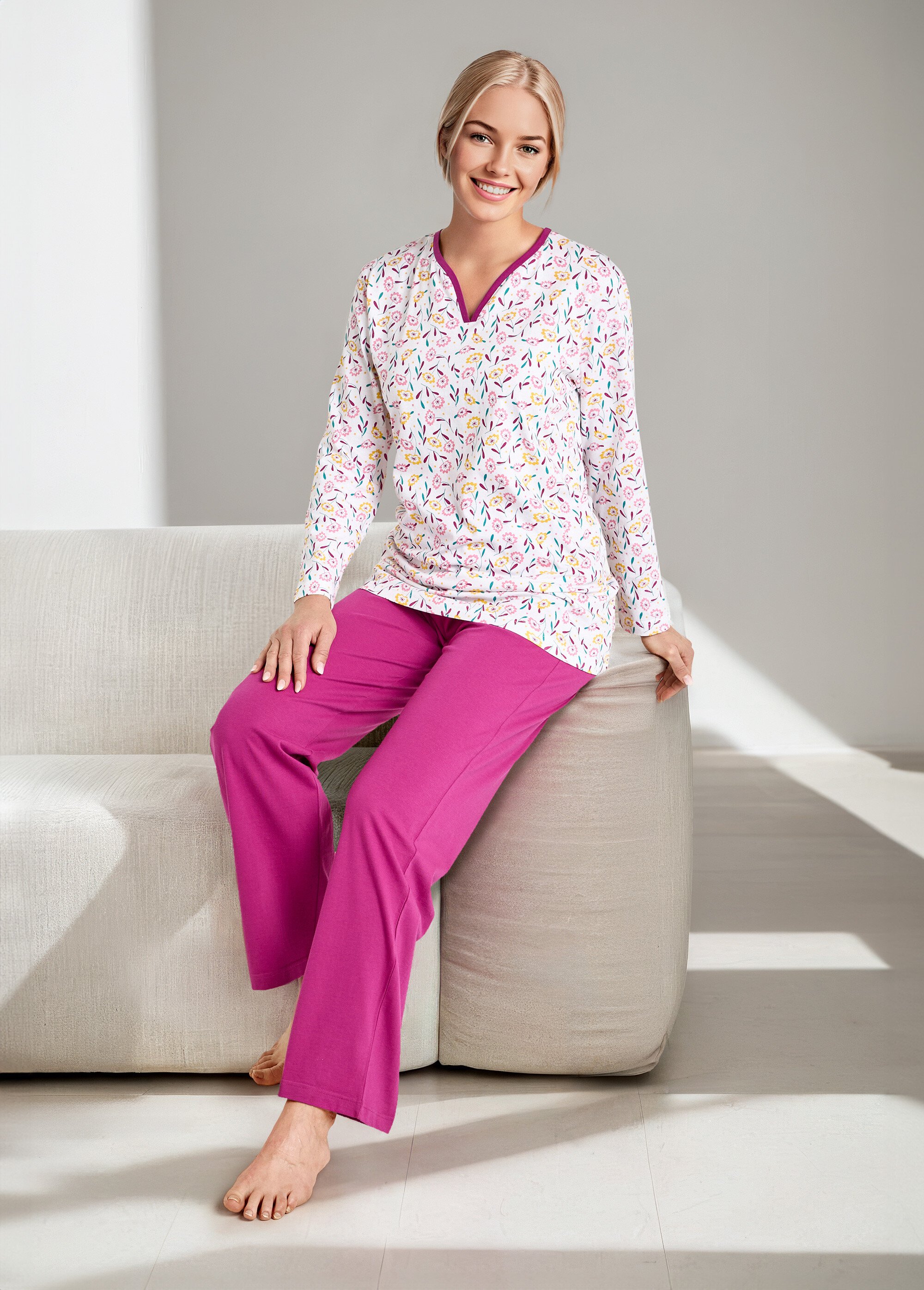 Pyjama col V imprimé manches longues coton Femme IMPRIME PRUNE SECCOTINE SF1
