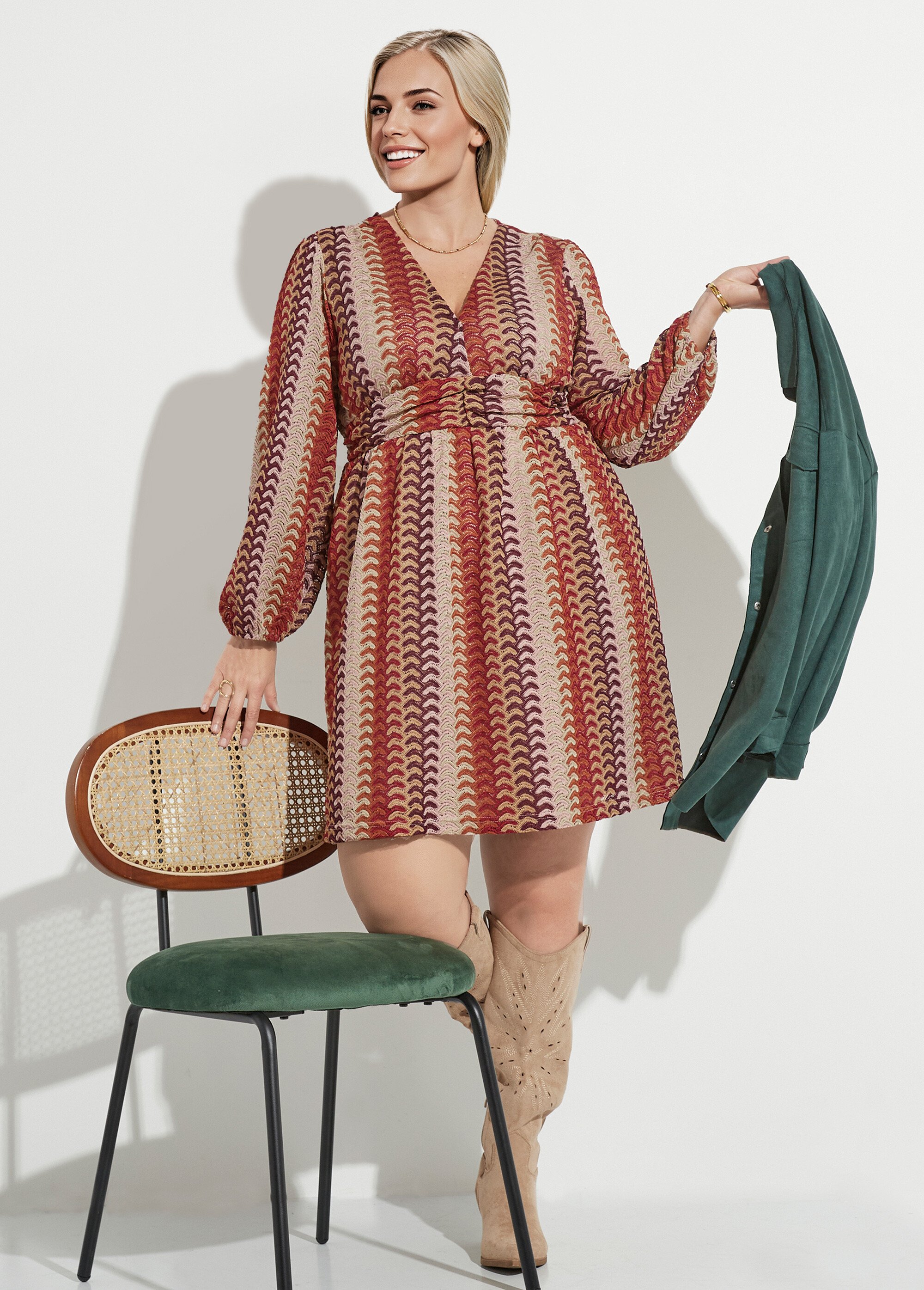 Robe courte taille plissée façon macramé Femme Grande Taille BRIQUE ET BEIGE MAE-1036-5-2189 MV1