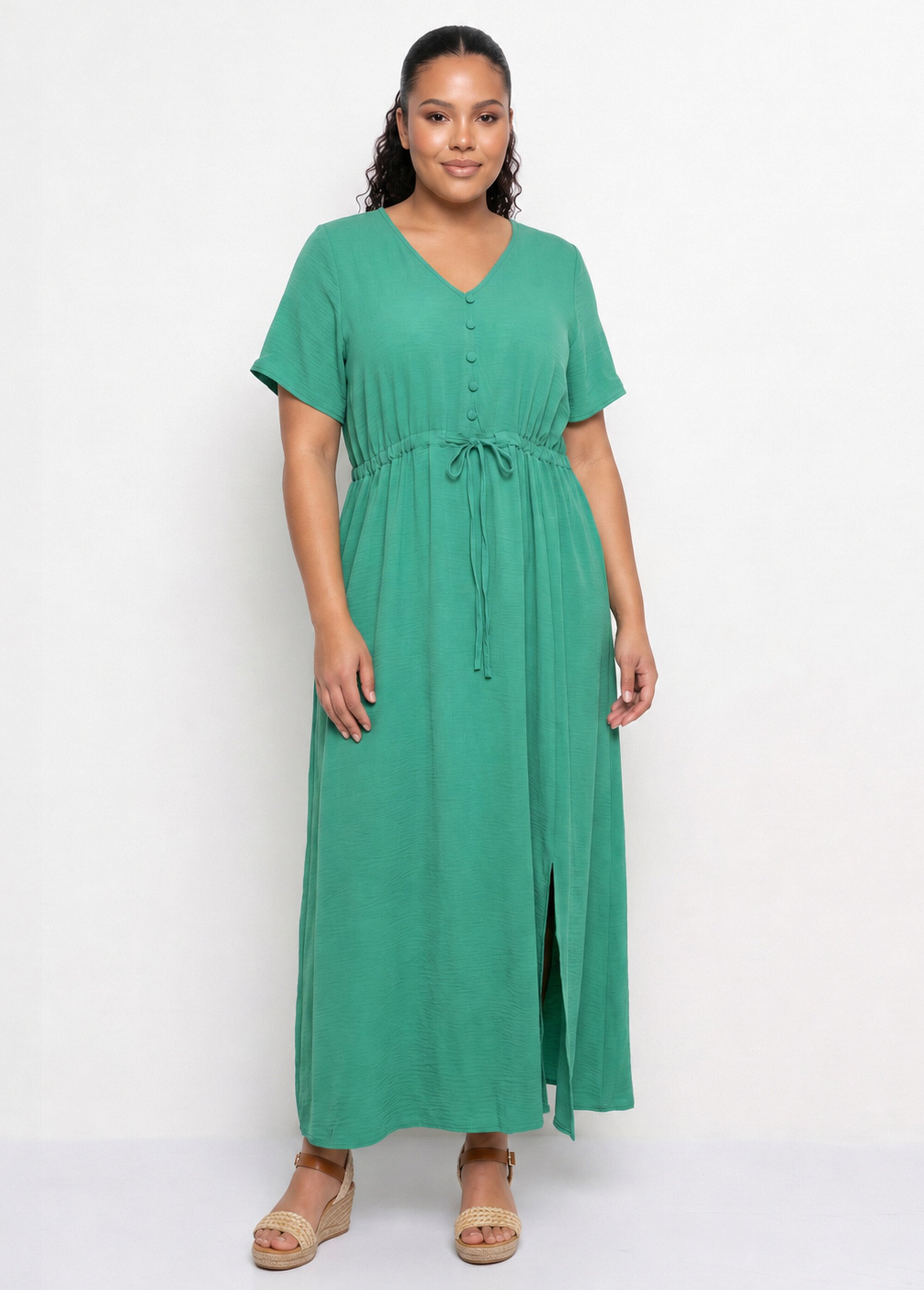 Robe longue à petits boutons et ceinture Femme Grande Taille Vert MA-M113-123 FA1