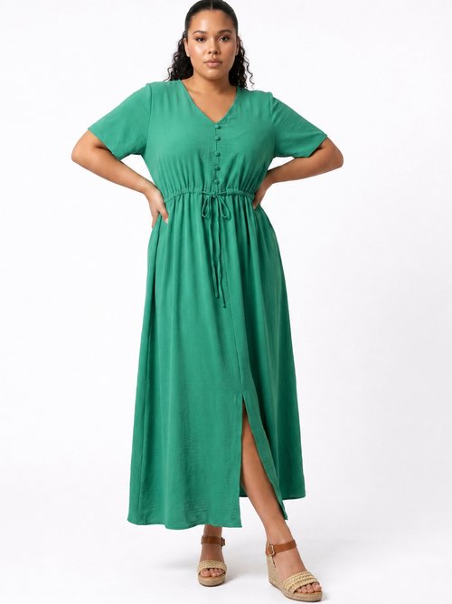 Robe longue à petits boutons et ceinture Femme Grande Taille Vert MA-M113-123 MV1
