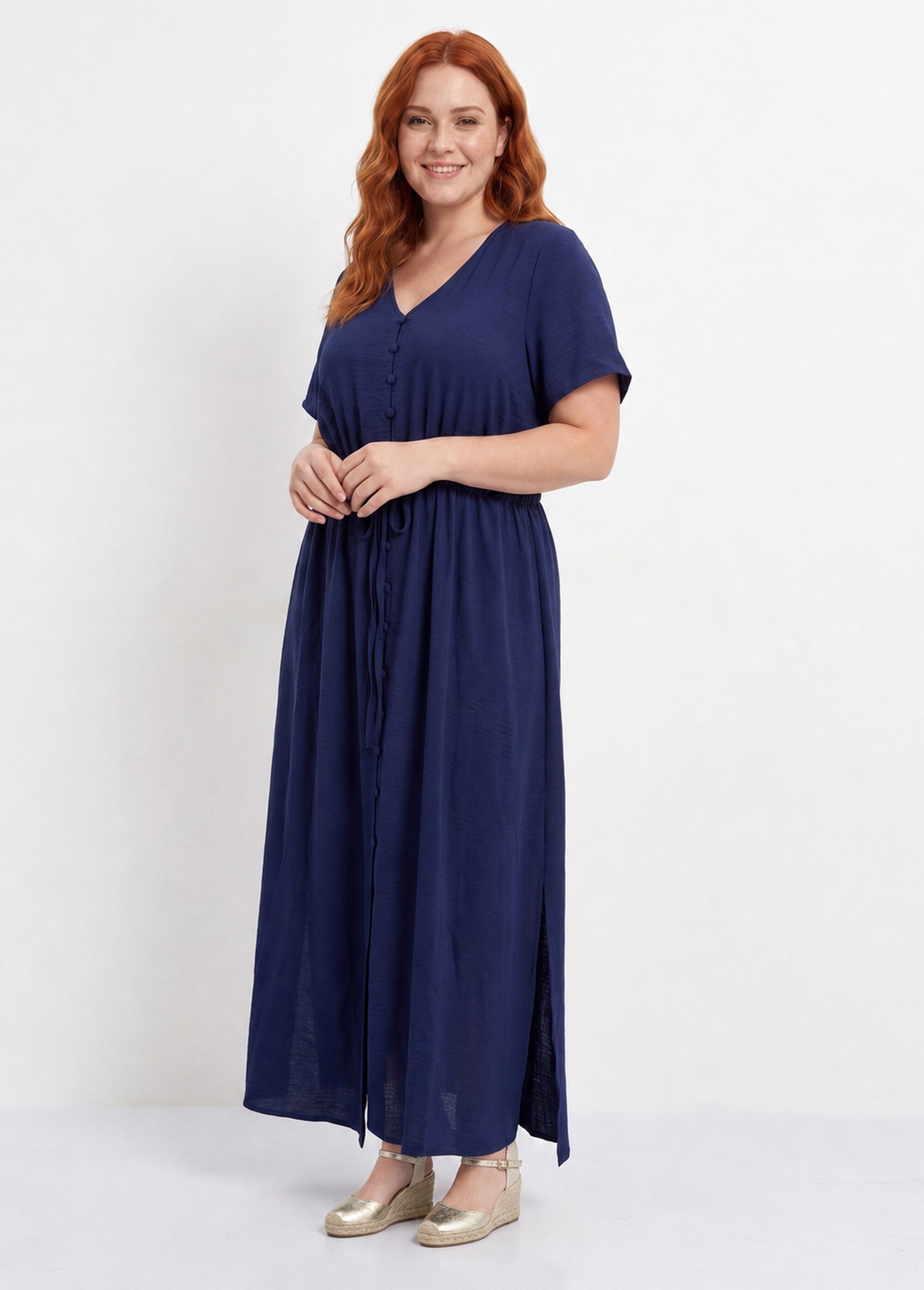 Robe longue à petits boutons et ceinture Femme Grande Taille Bleu MA-M113-123 FA1