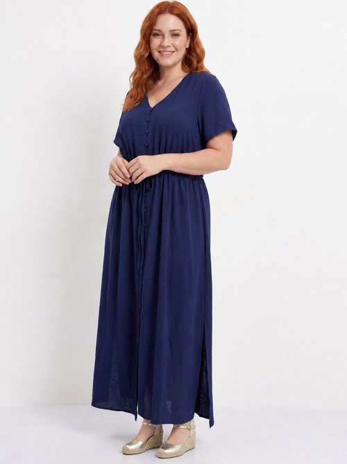 Robe longue à petits boutons et ceinture Femme Grande Taille Bleu MA-M113-123 FA1