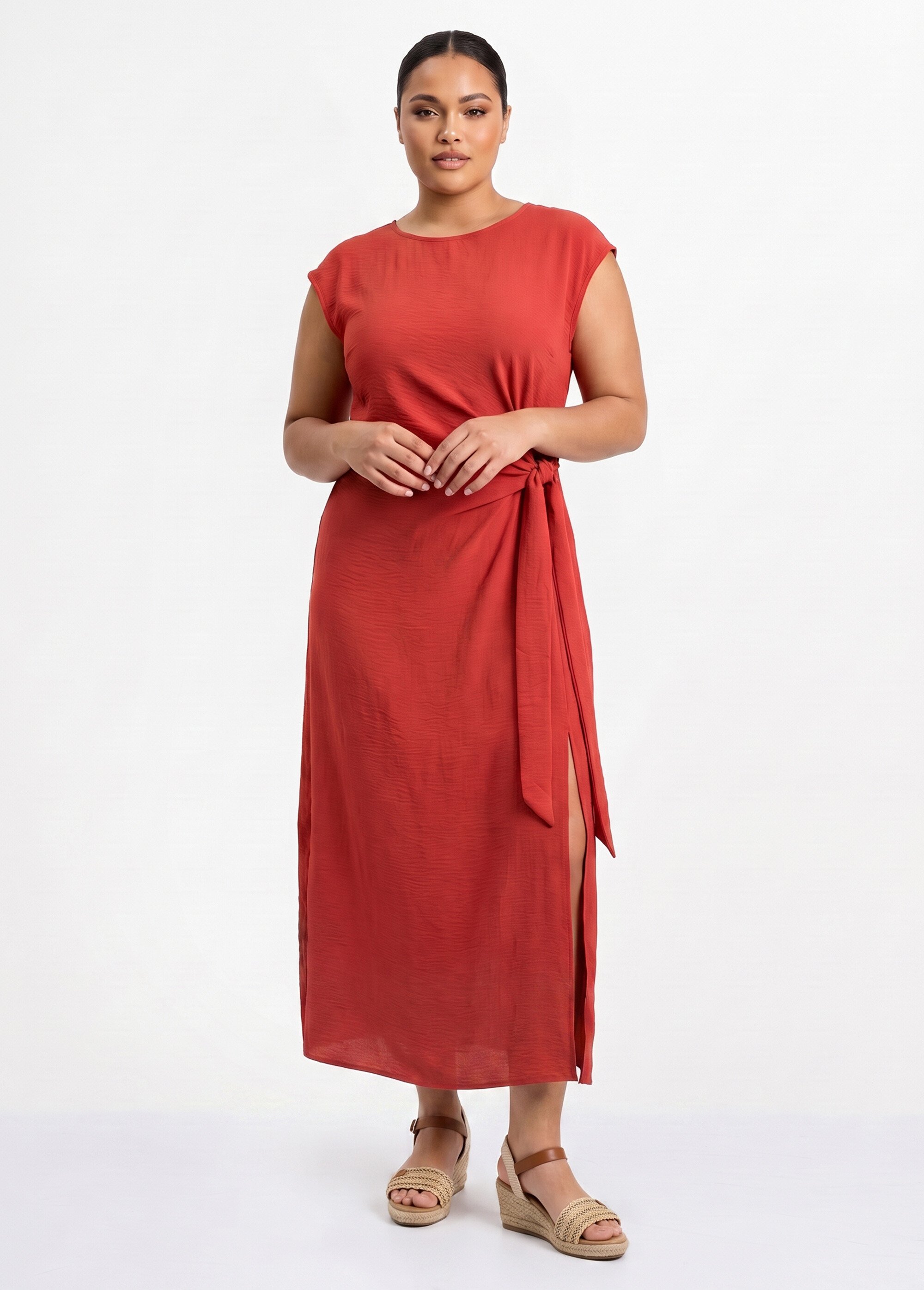 Robe longue col rond, taille nouée Femme Grande Taille Orange MA-M1032-123 FA1