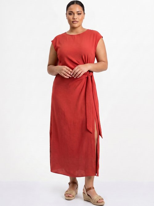 Robe longue col rond, taille nouée Femme Grande Taille Orange MA-M1032-123 FA1