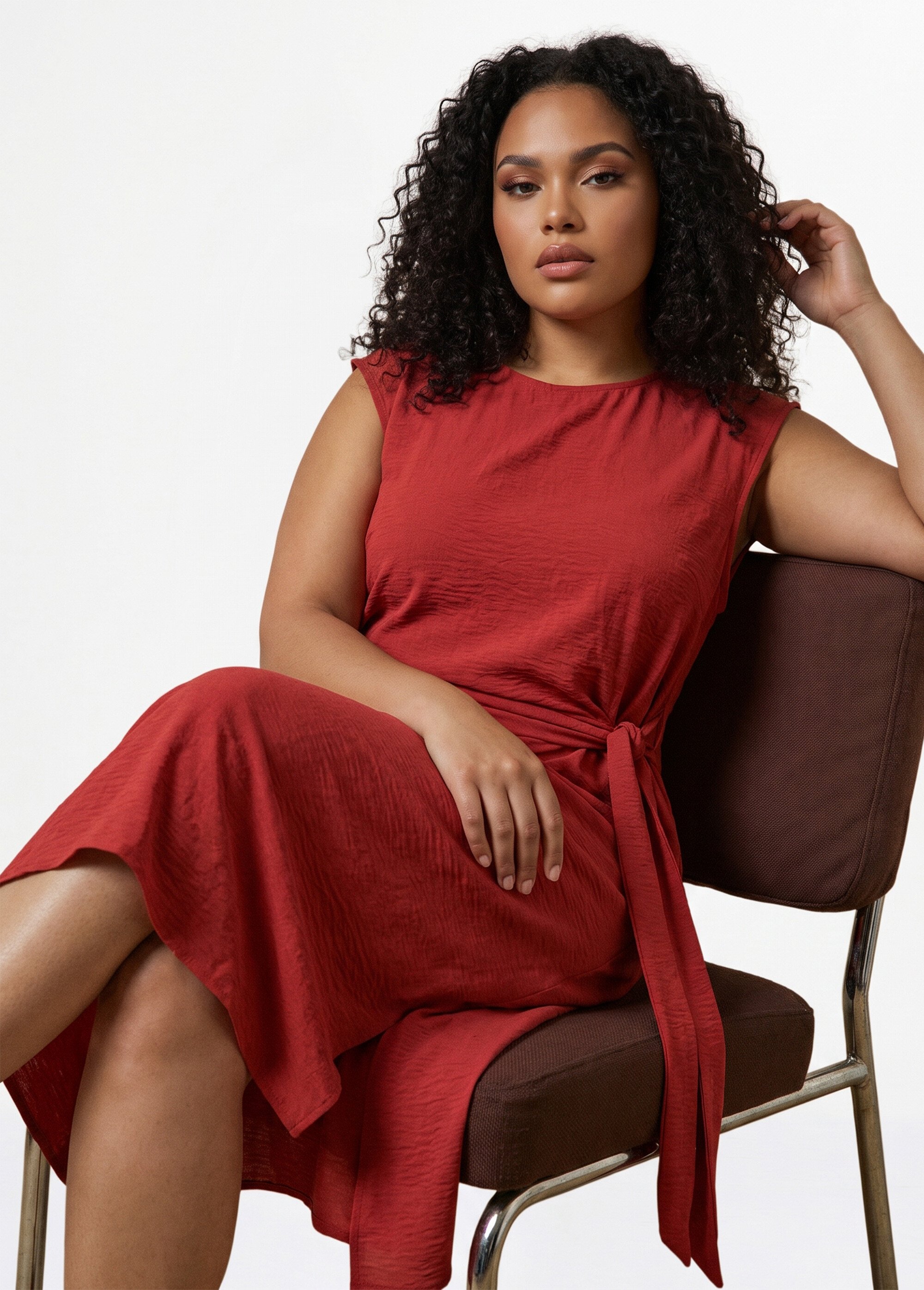 Robe longue col rond, taille nouée