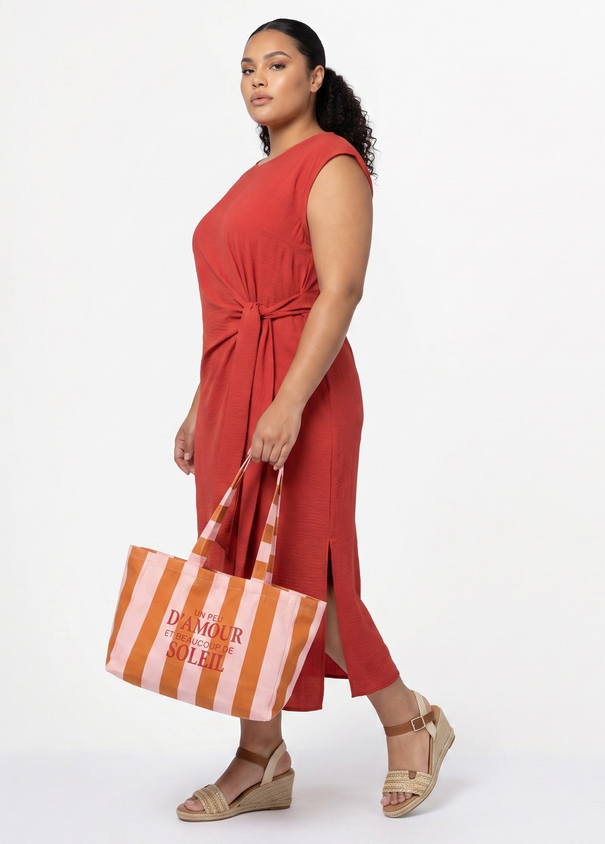 Robe longue col rond, taille nouée Femme Grande Taille Orange MA-M1032-123 SI1