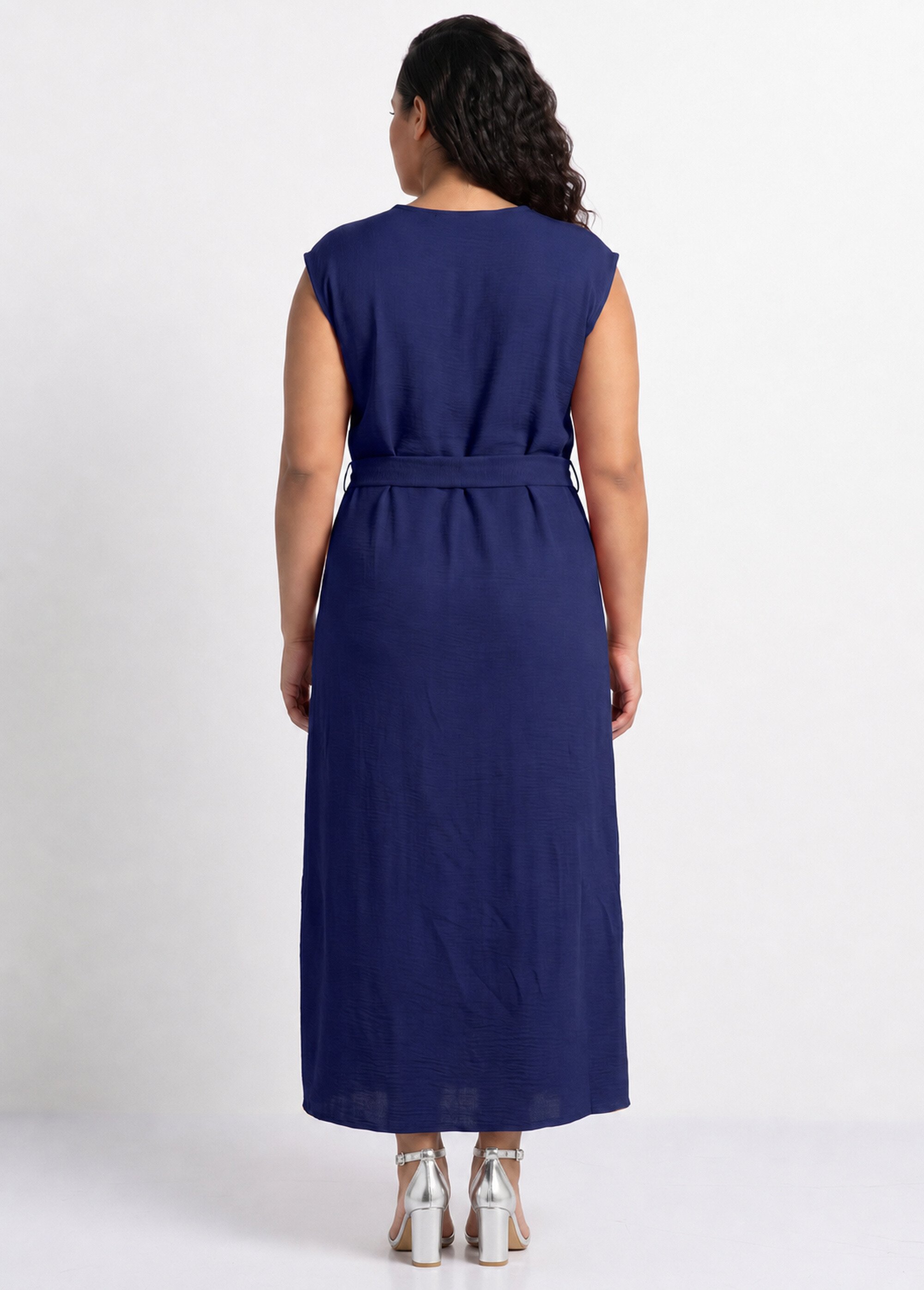Robe longue col rond, taille nouée Femme Grande Taille Bleu MA-M1032-123 DO1