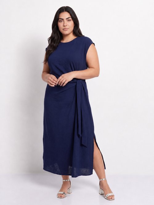 Robe longue col rond, taille nouée Femme Grande Taille Bleu MA-M1032-123 FA1