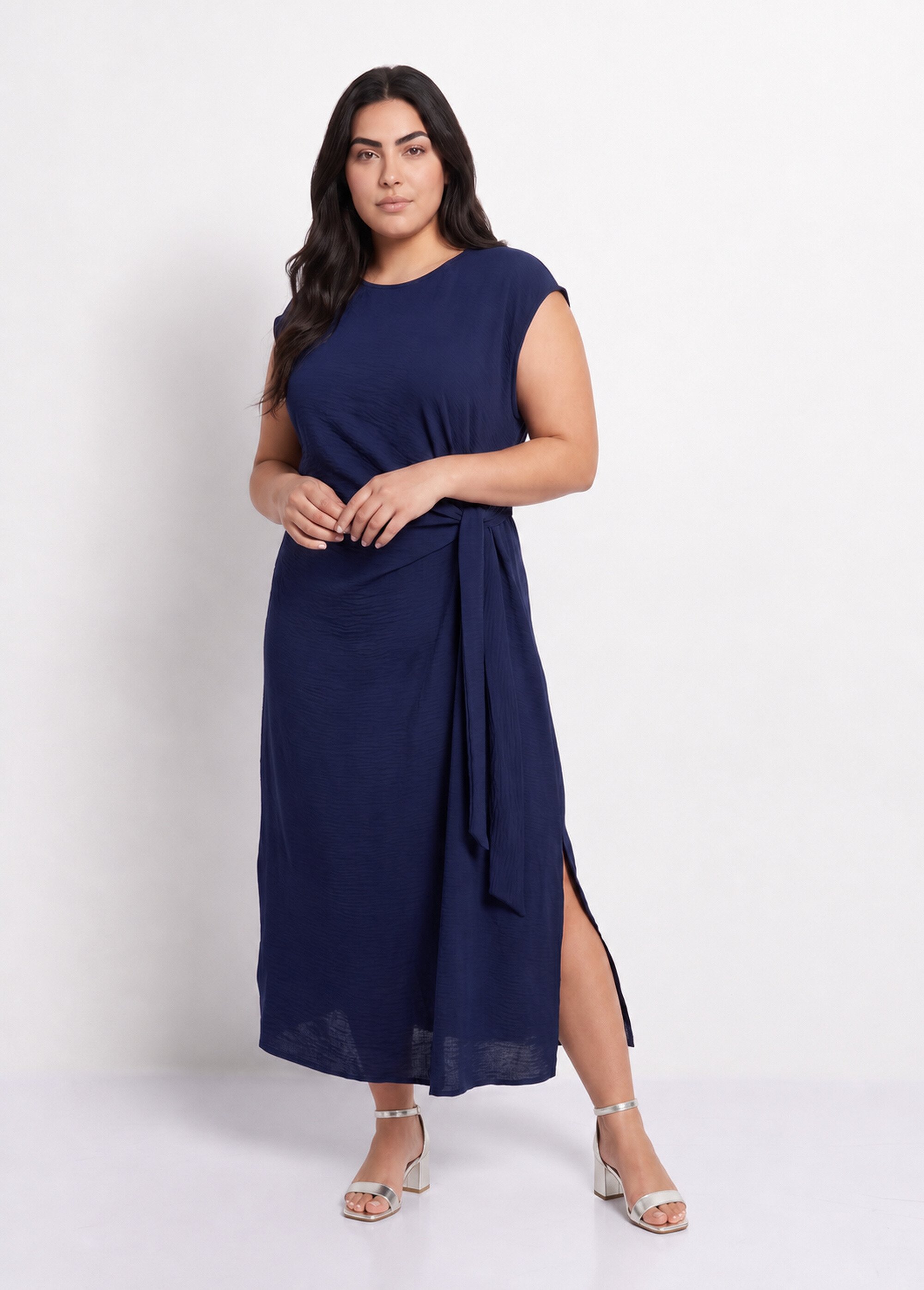 Robe longue col rond, taille nouée Femme Grande Taille Bleu MA-M1032-123 FA1