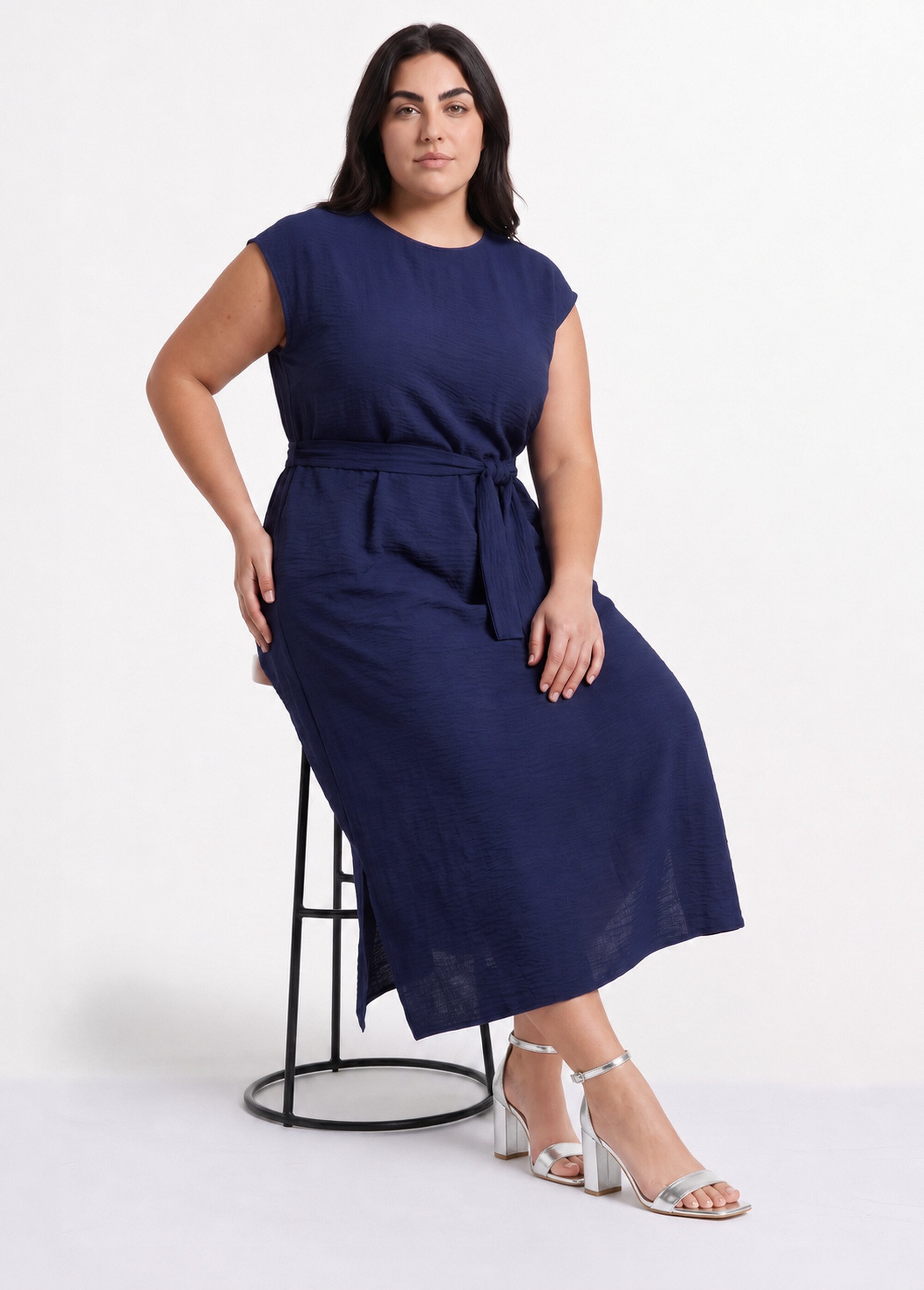 Robe longue col rond, taille nouée Femme Grande Taille Bleu MA-M1032-123 MV1