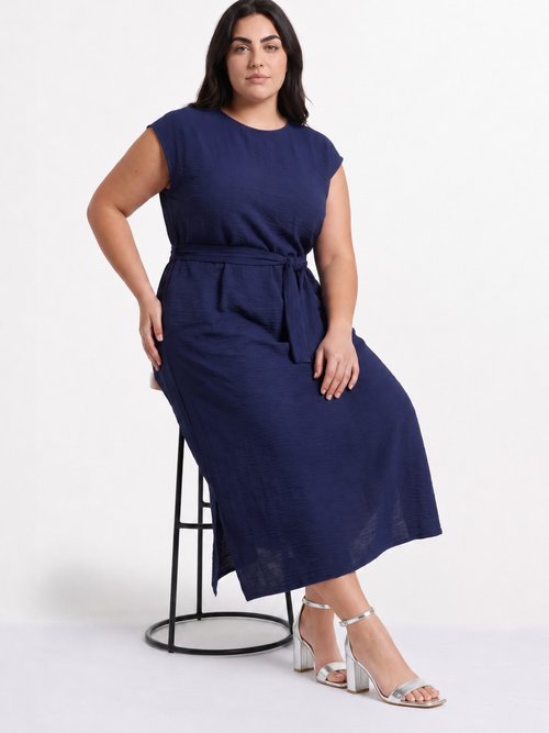 Robe longue col rond, taille nouée Femme Grande Taille Bleu MA-M1032-123 MV1